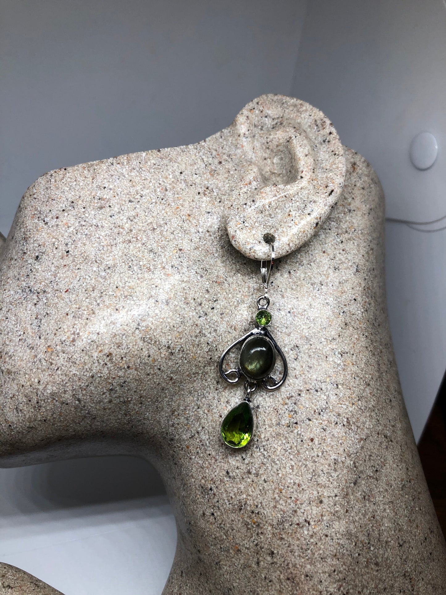 Antique Vintage Green Peridot Labradorite Silver Dangle Earrings