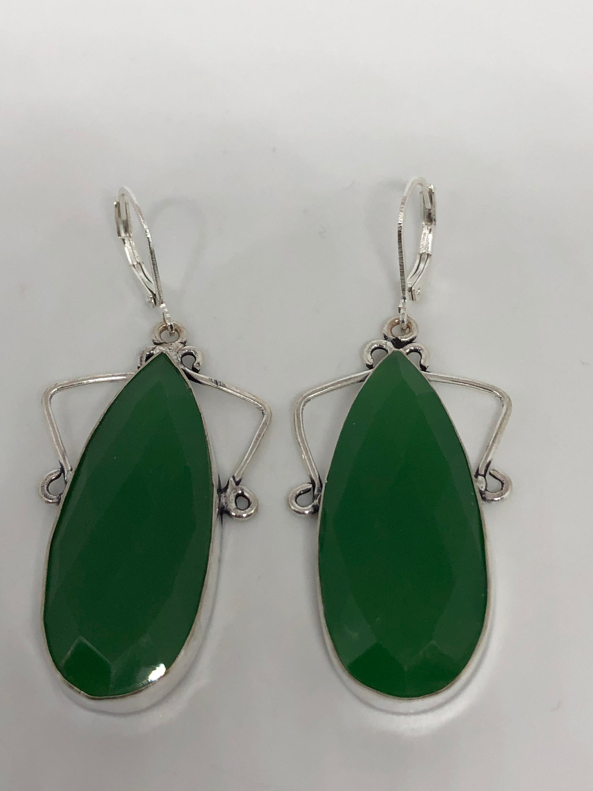 Vintage Green Chalcedony Gemstone Sterling Silver Lever Back Chandelier Earrings