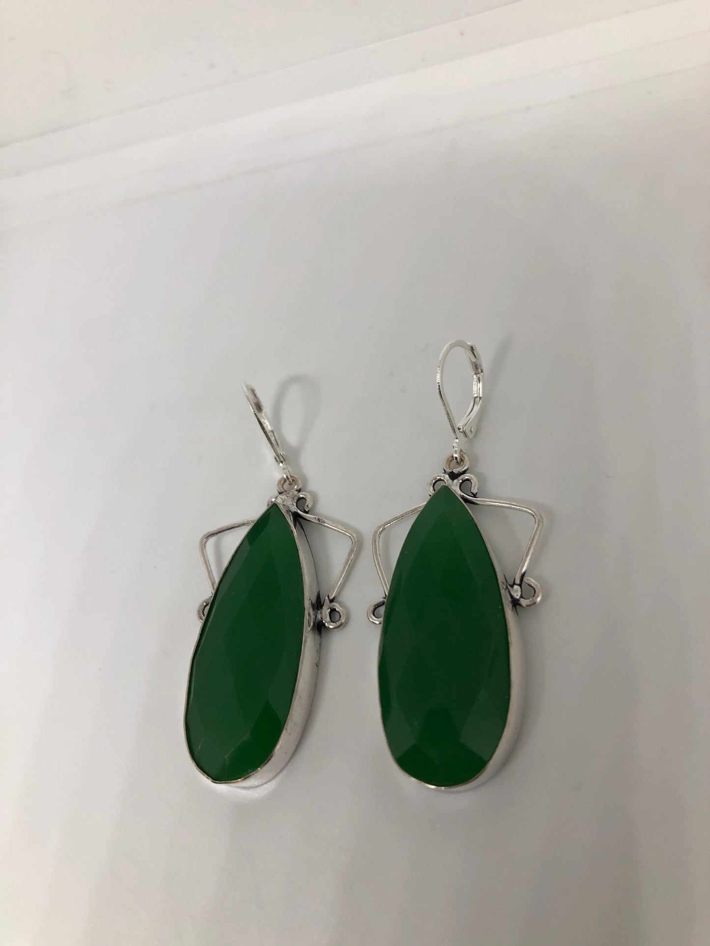 Vintage Green Chalcedony Gemstone Sterling Silver Lever Back Chandelier Earrings
