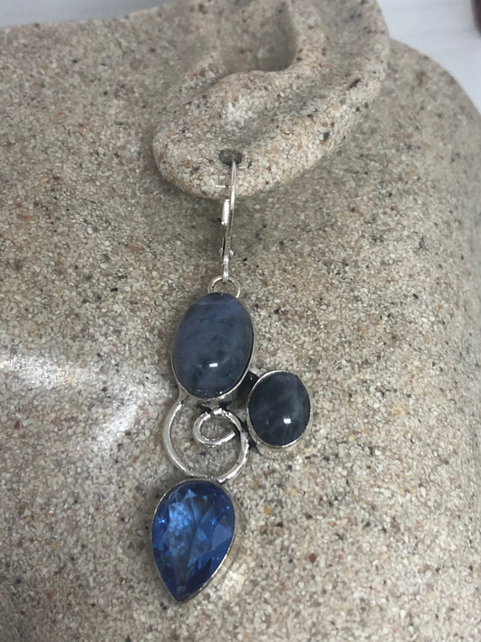 Vintage Blue Glass and Sodalite Sterling Silver Lever Back Chandelier Earrings