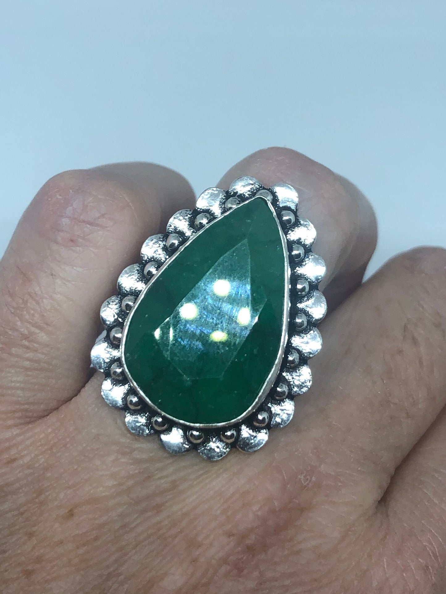Vintage Green Raw Emerald Silver Bronze Statement Boho Ring Size 6.25