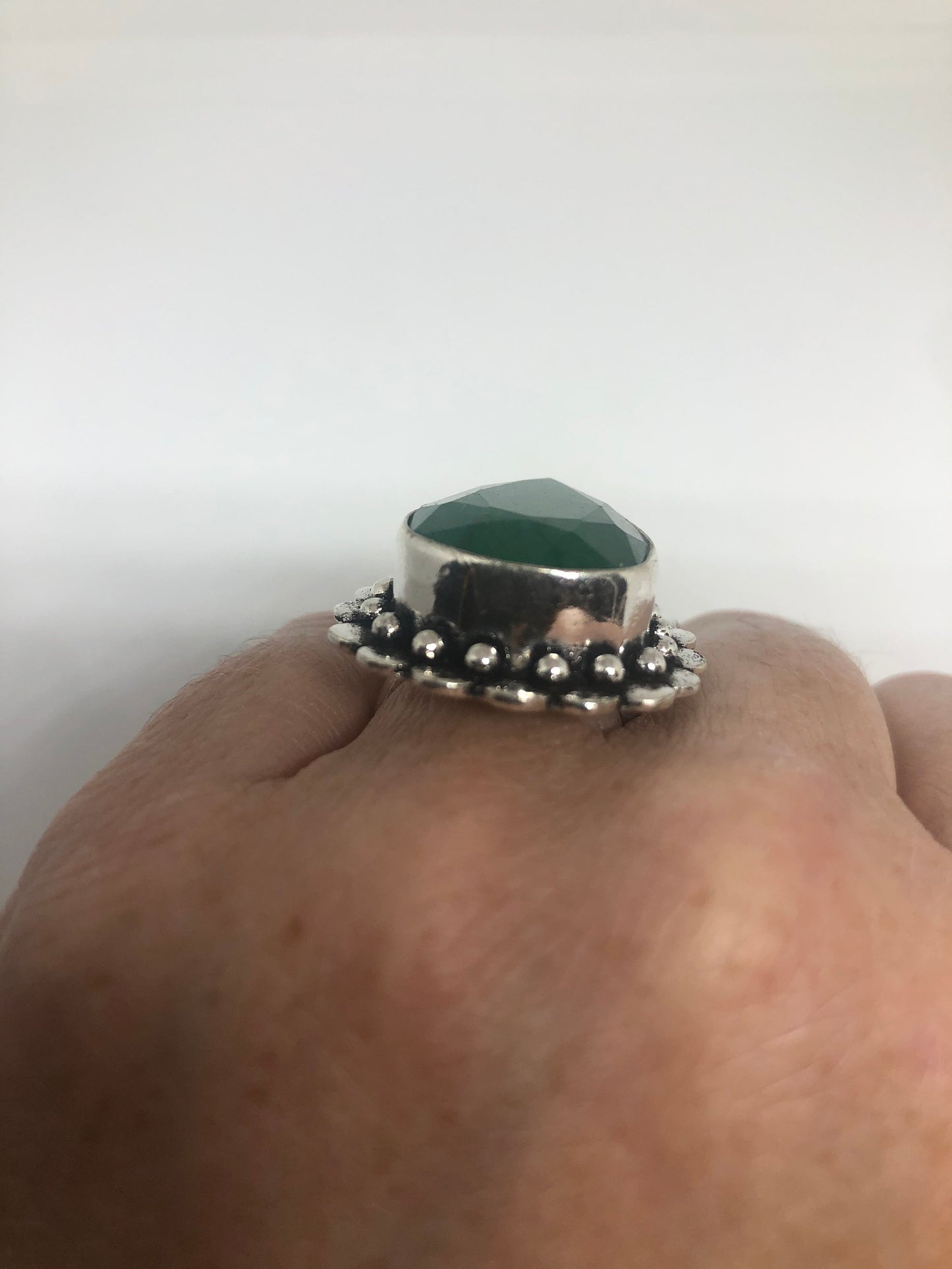 Vintage Green Raw Emerald Silver Bronze Statement Boho Ring Size 6.25