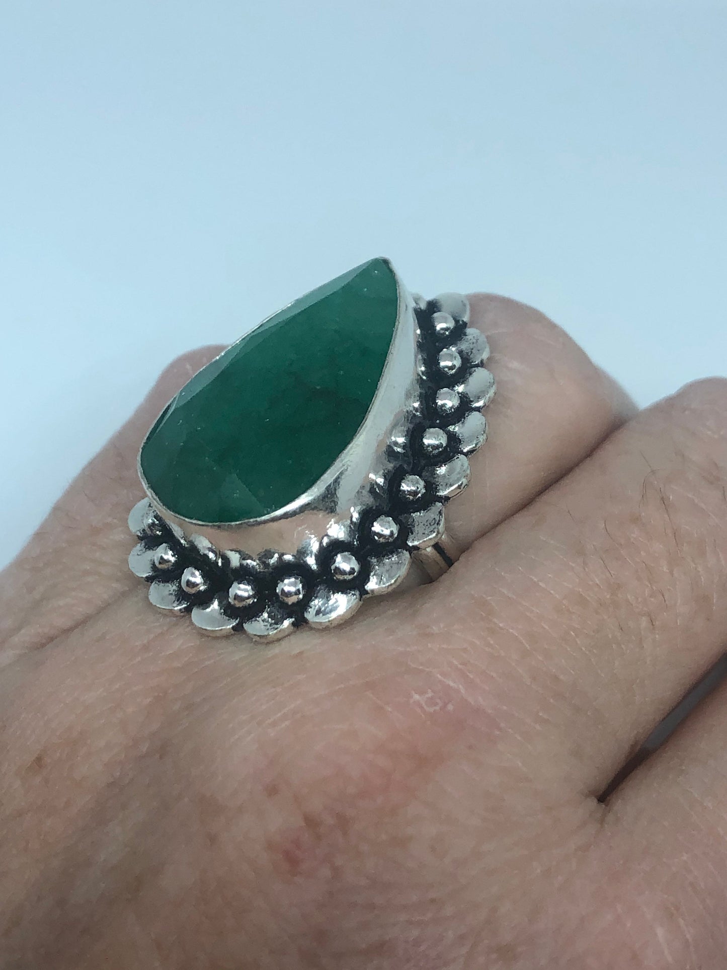 Vintage Green Raw Emerald Silver Bronze Statement Boho Ring Size 6.25