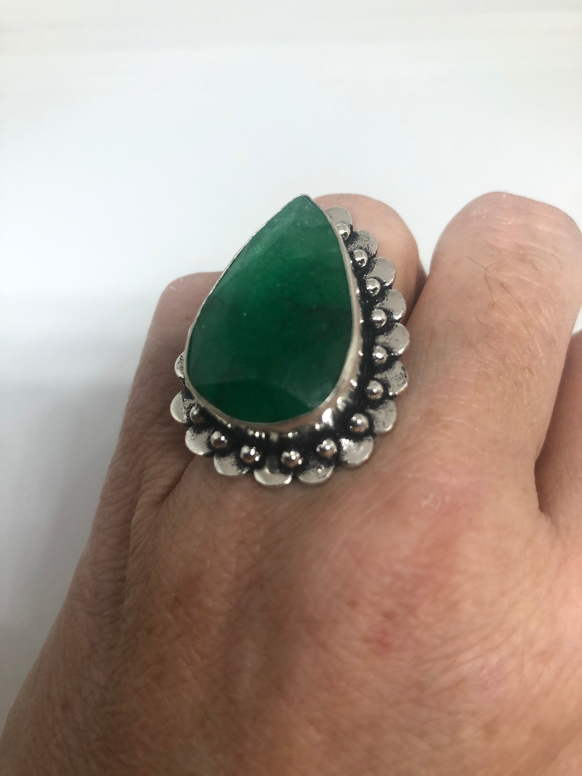 Vintage Green Raw Emerald Silver Bronze Statement Boho Ring Size 6.25