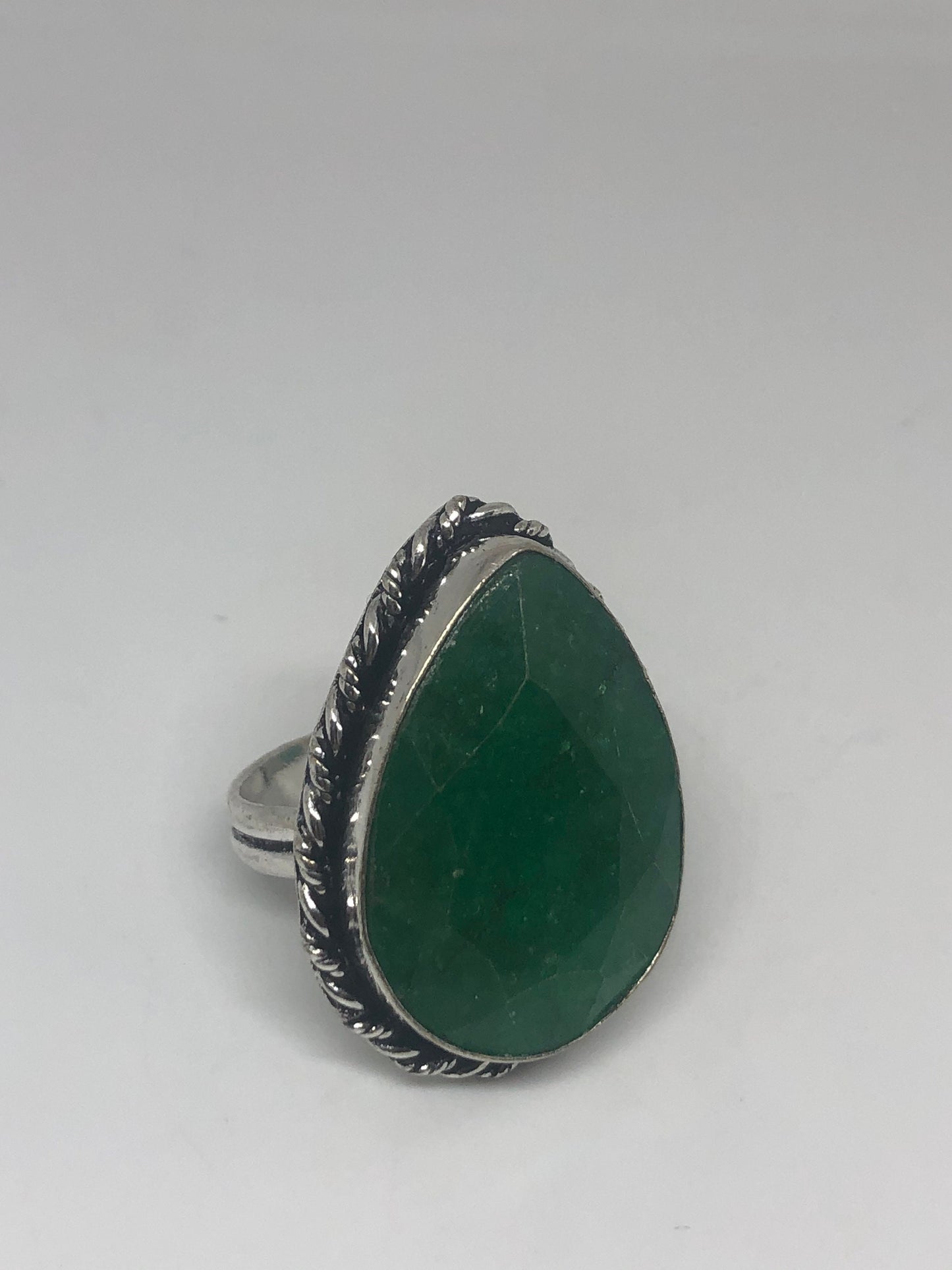 Vintage Green Raw Emerald Silver Bronze Statement Boho Ring Size 8
