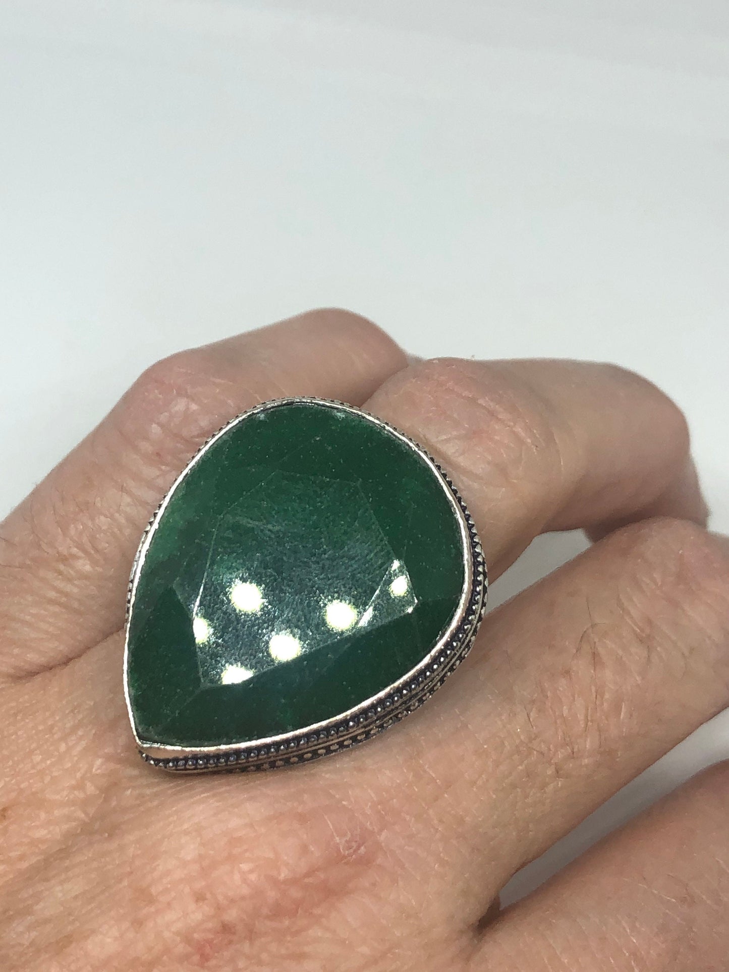 Vintage Green Raw Emerald Silver Bronze Statement Boho Ring Size 7