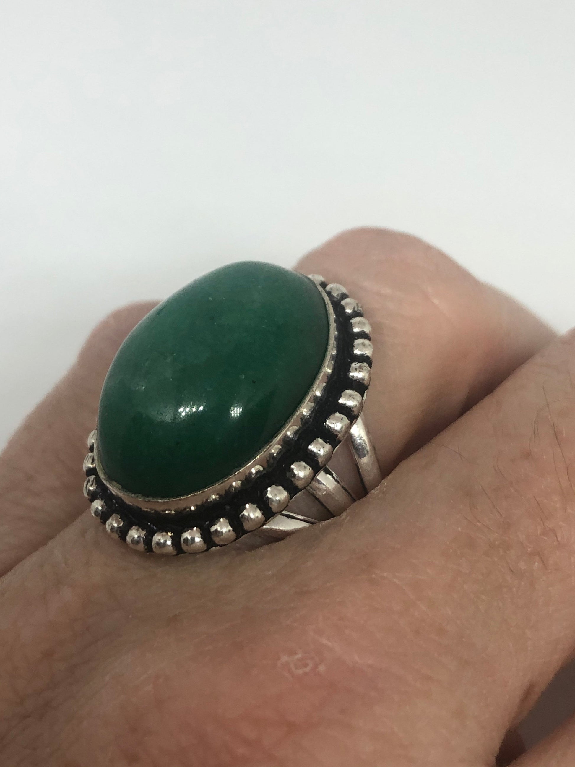 Vintage Green Raw Emerald Silver Bronze Statement Boho Ring Size 7.5