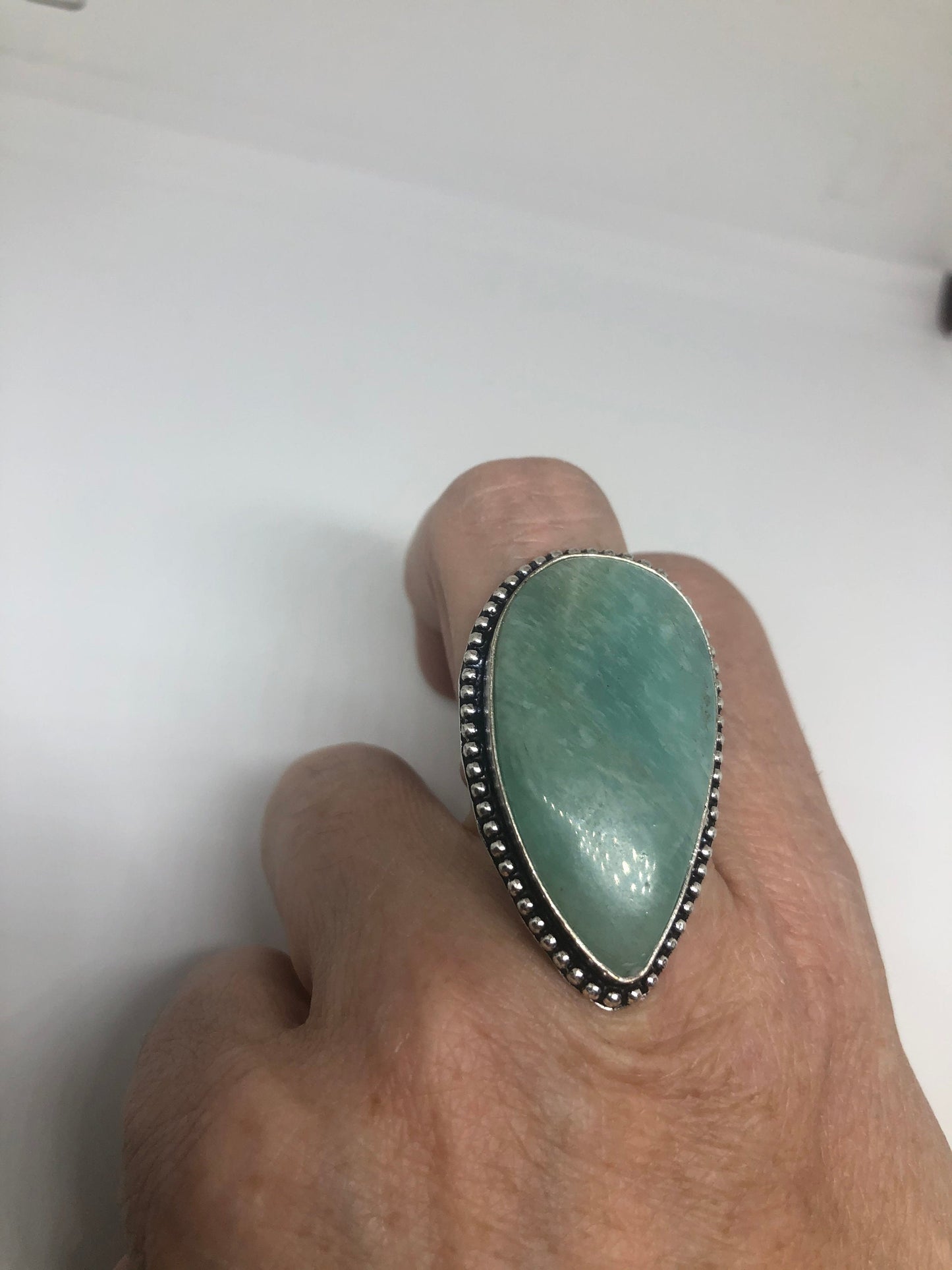 Vintage Green Amazonite Silver Ring Size 8