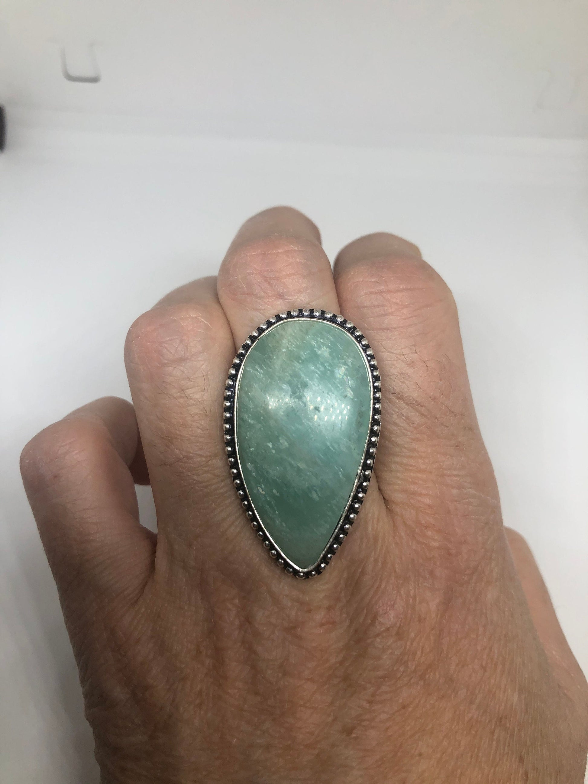 Vintage Green Amazonite Silver Ring Size 8