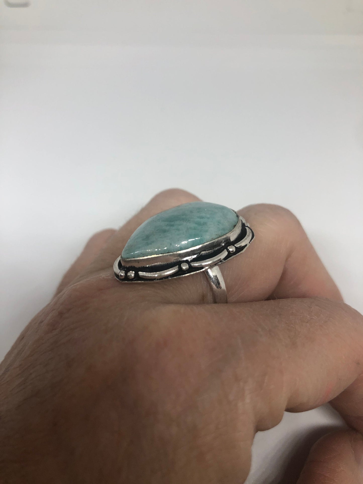 Vintage Green Amazonite Silver Ring Size 8.5