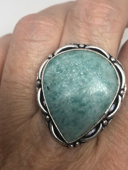 Vintage Green Amazonite Silver Ring Size 8.5