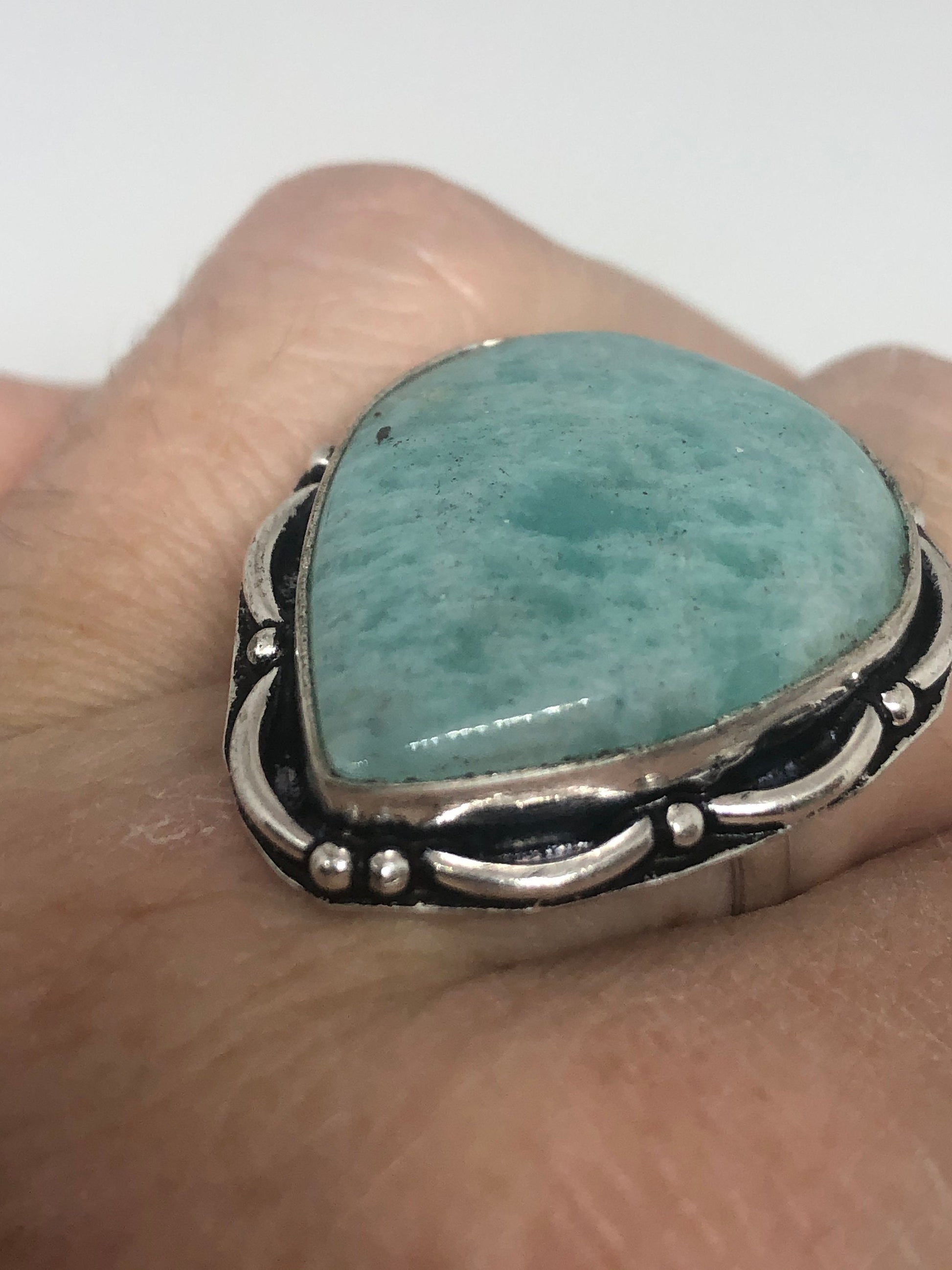 Vintage Green Amazonite Silver Ring Size 8.5