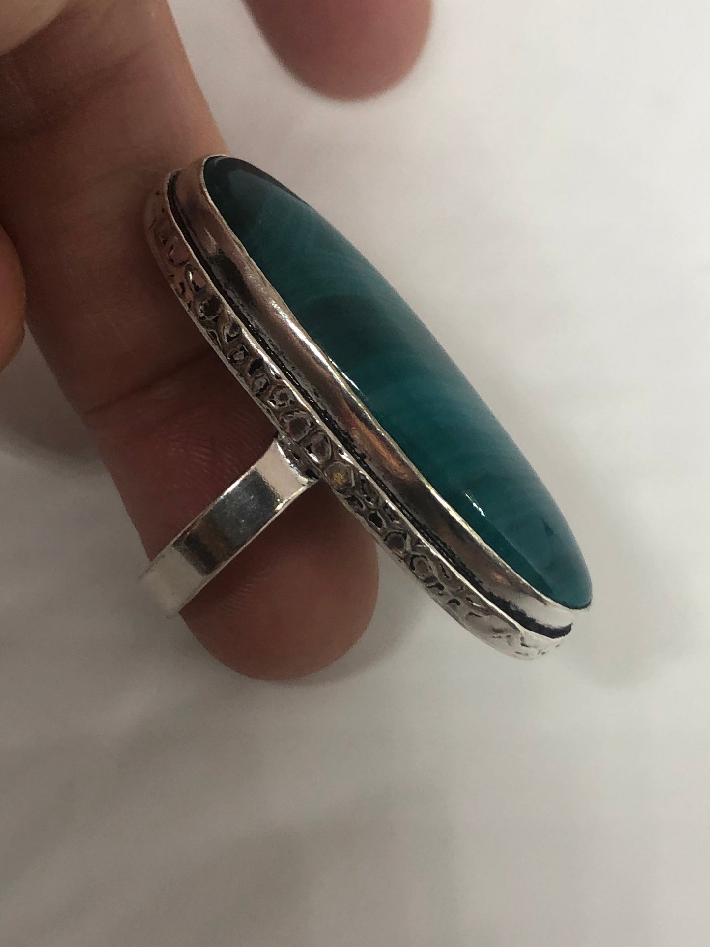 Vintage Green Agate Silver Ring Size 7.5