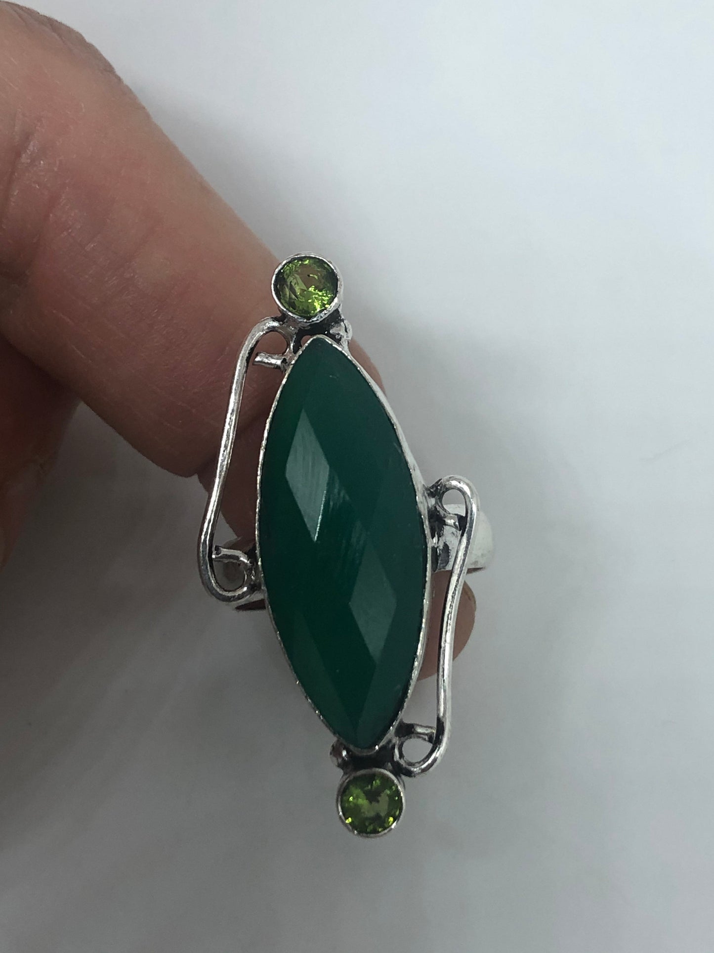 Vintage Green Agate Silver Ring Size 7.5