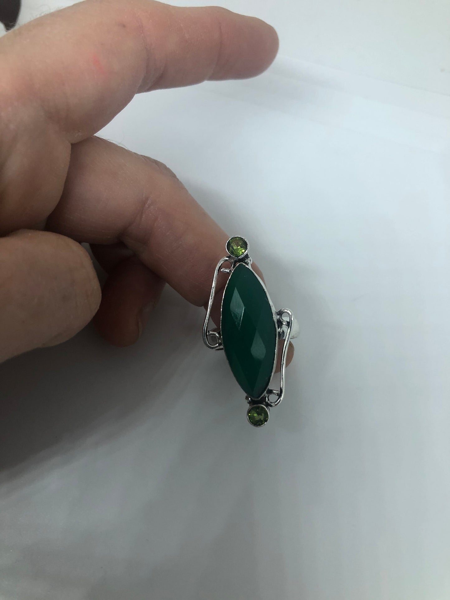 Vintage Green Agate Silver Ring Size 7.5