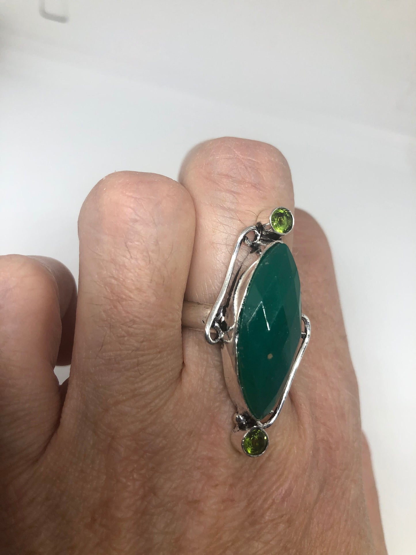 Vintage Green Agate Silver Ring Size 7.5