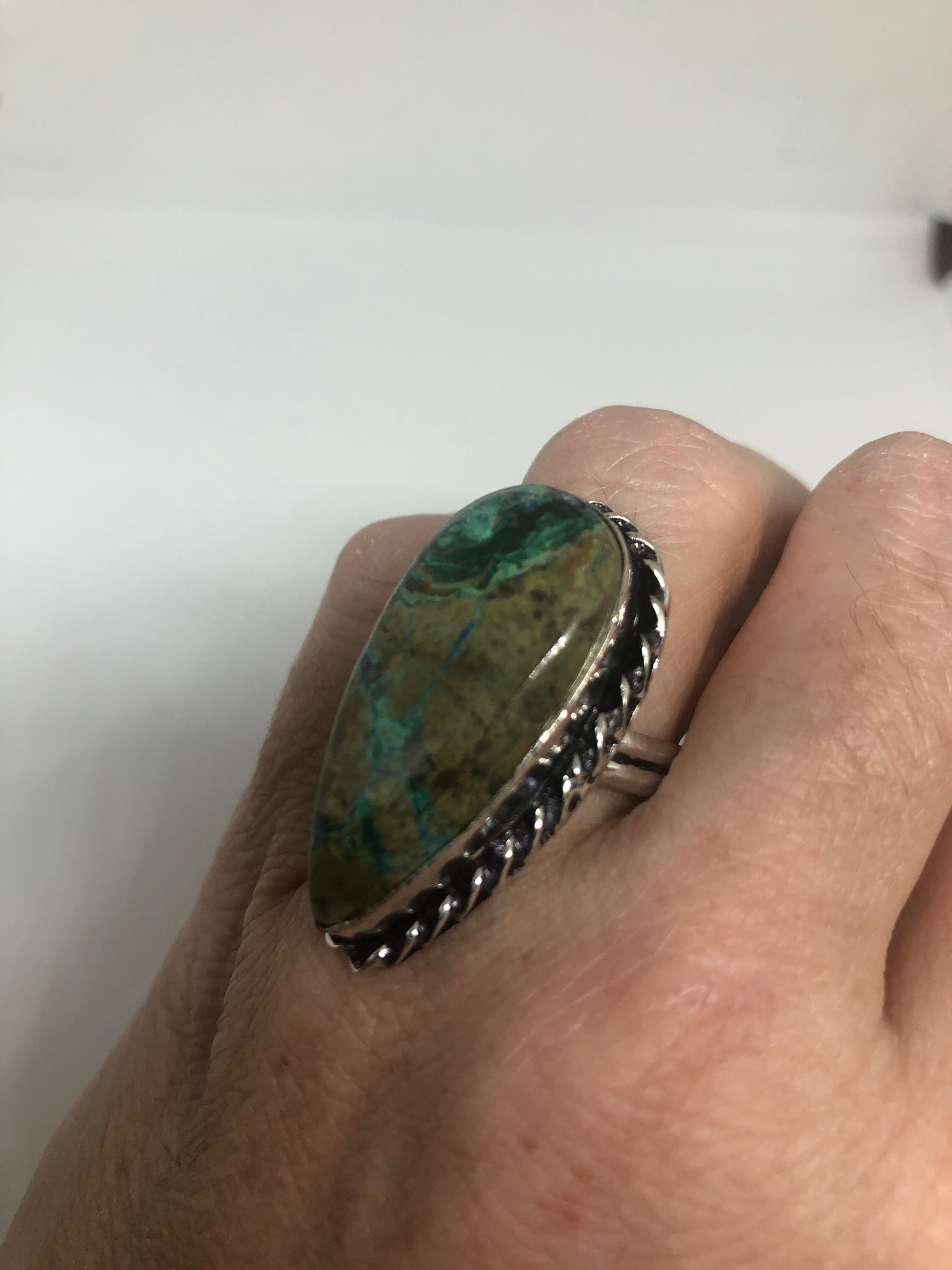 Vintage Green Agate Silver Ring Size 7