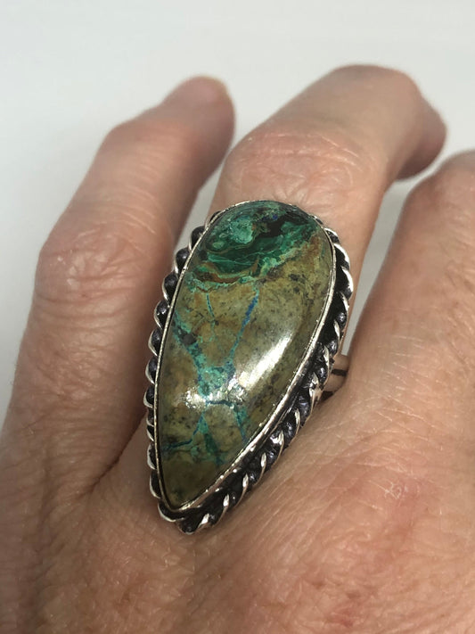 Vintage Green Agate Silver Ring Size 7