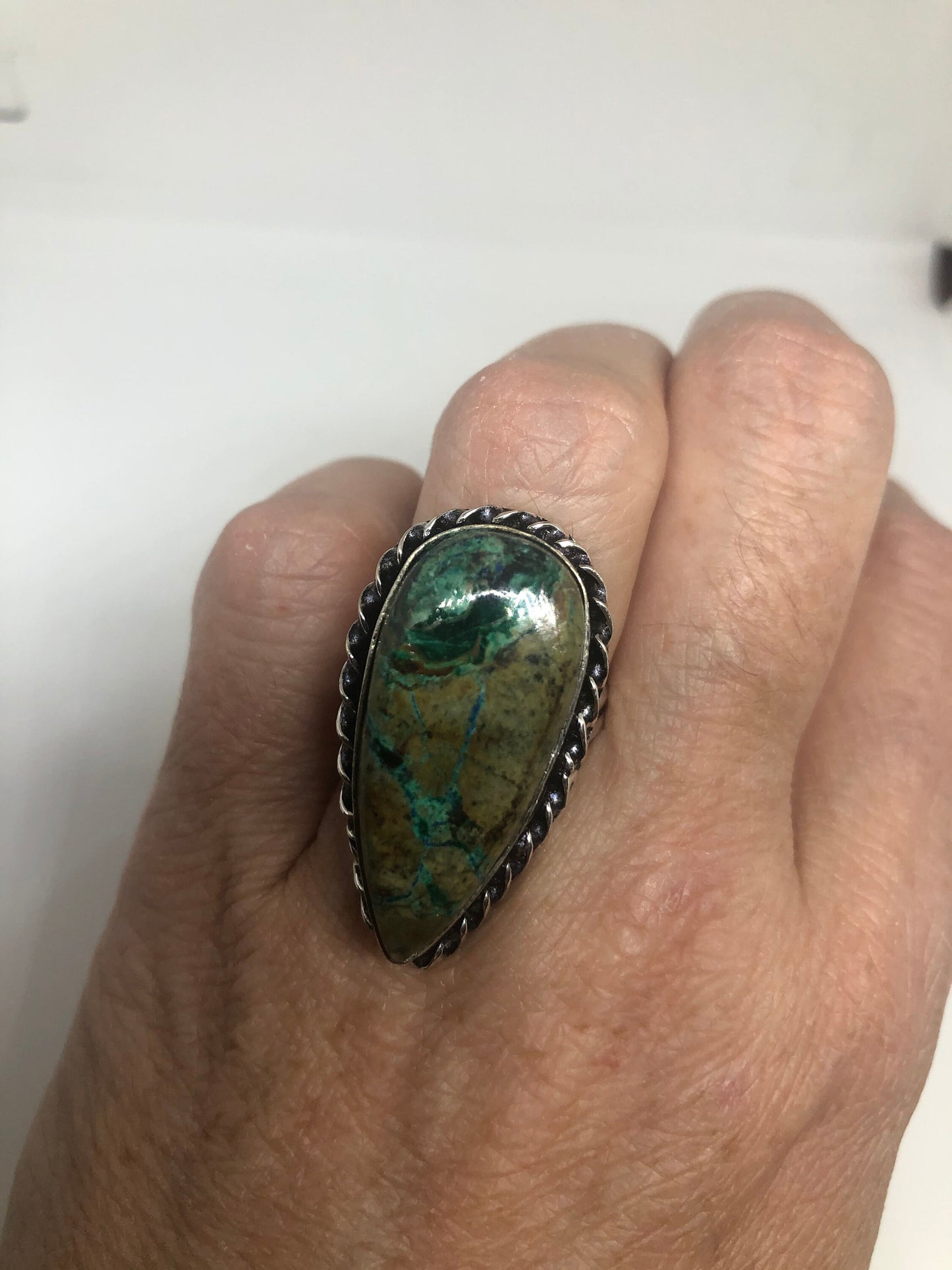 Vintage Green Agate Silver Ring Size 7