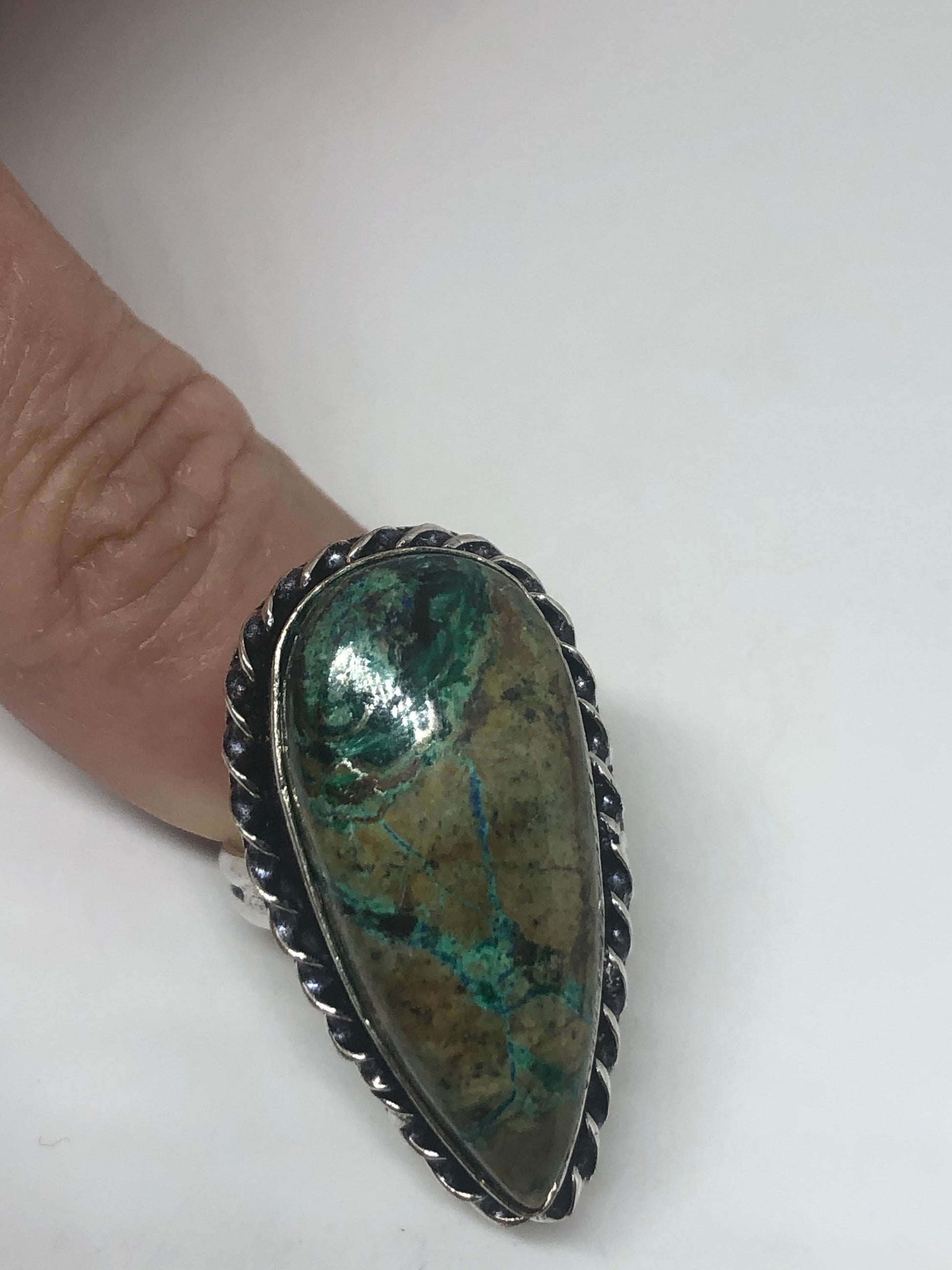 Vintage Green Agate Silver Ring Size 7