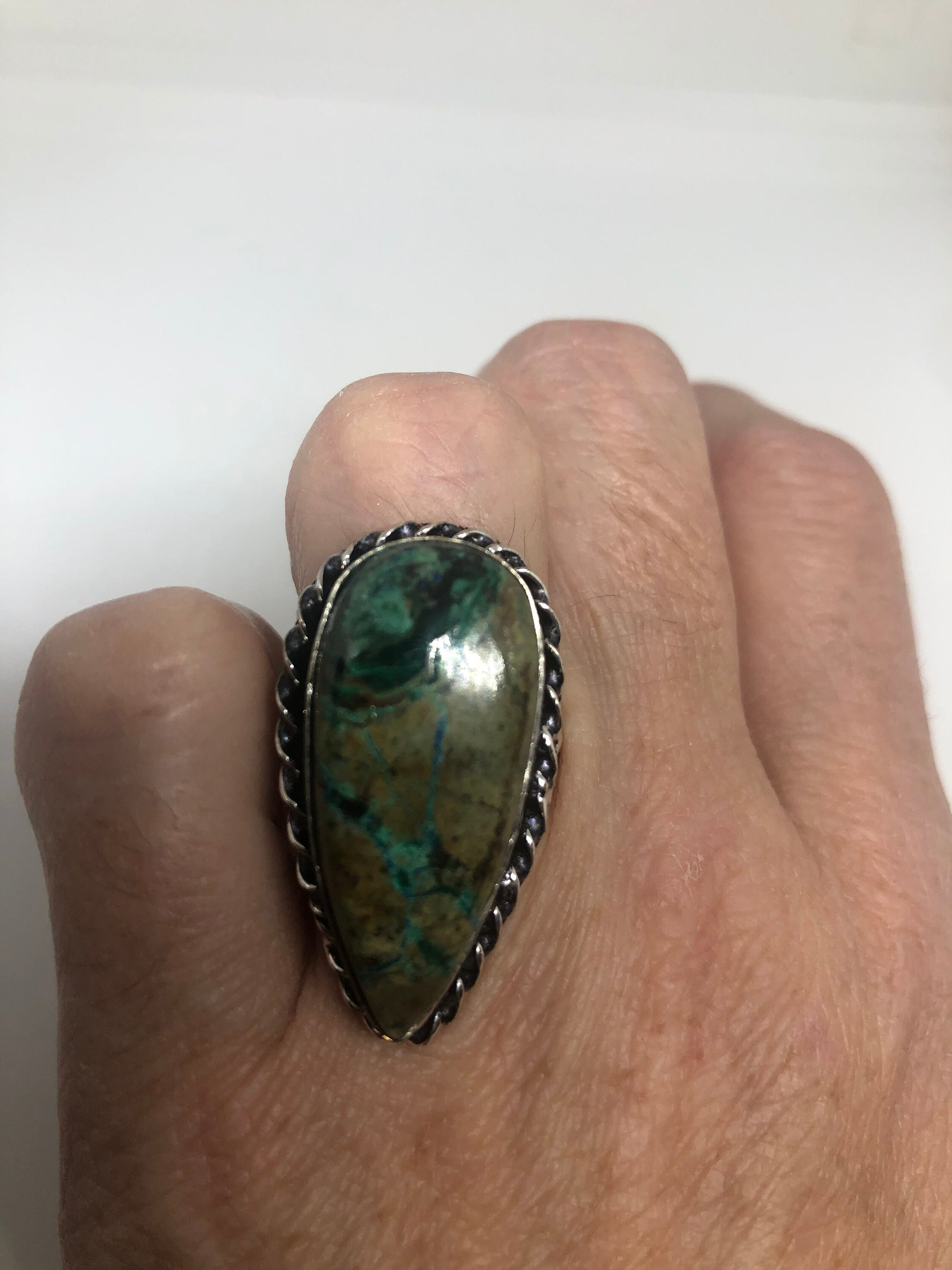 Vintage Green Agate Silver Ring Size 7