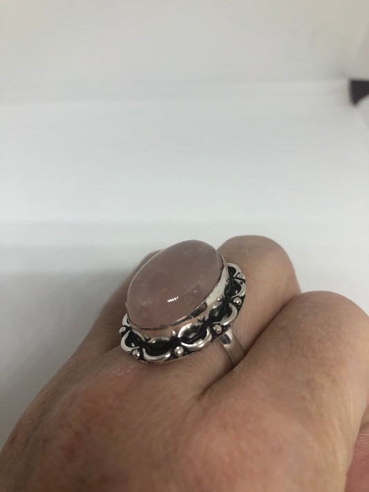 Vintage Pink Rose Quartz Silver Ring Size 8.5