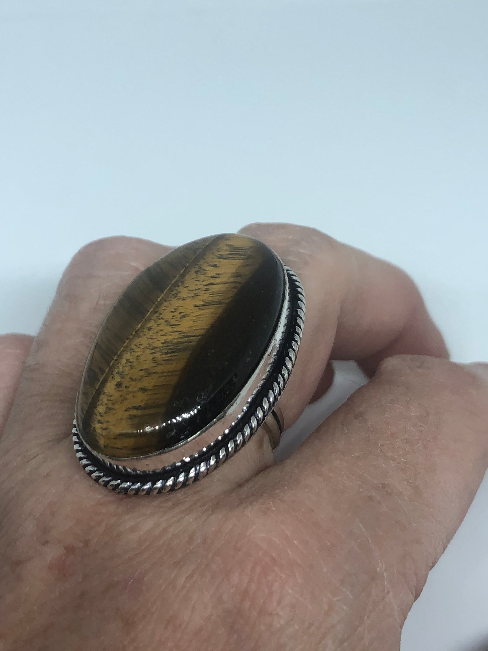 Vintage Tigers Eye Silver Cocktail Ring Size 7