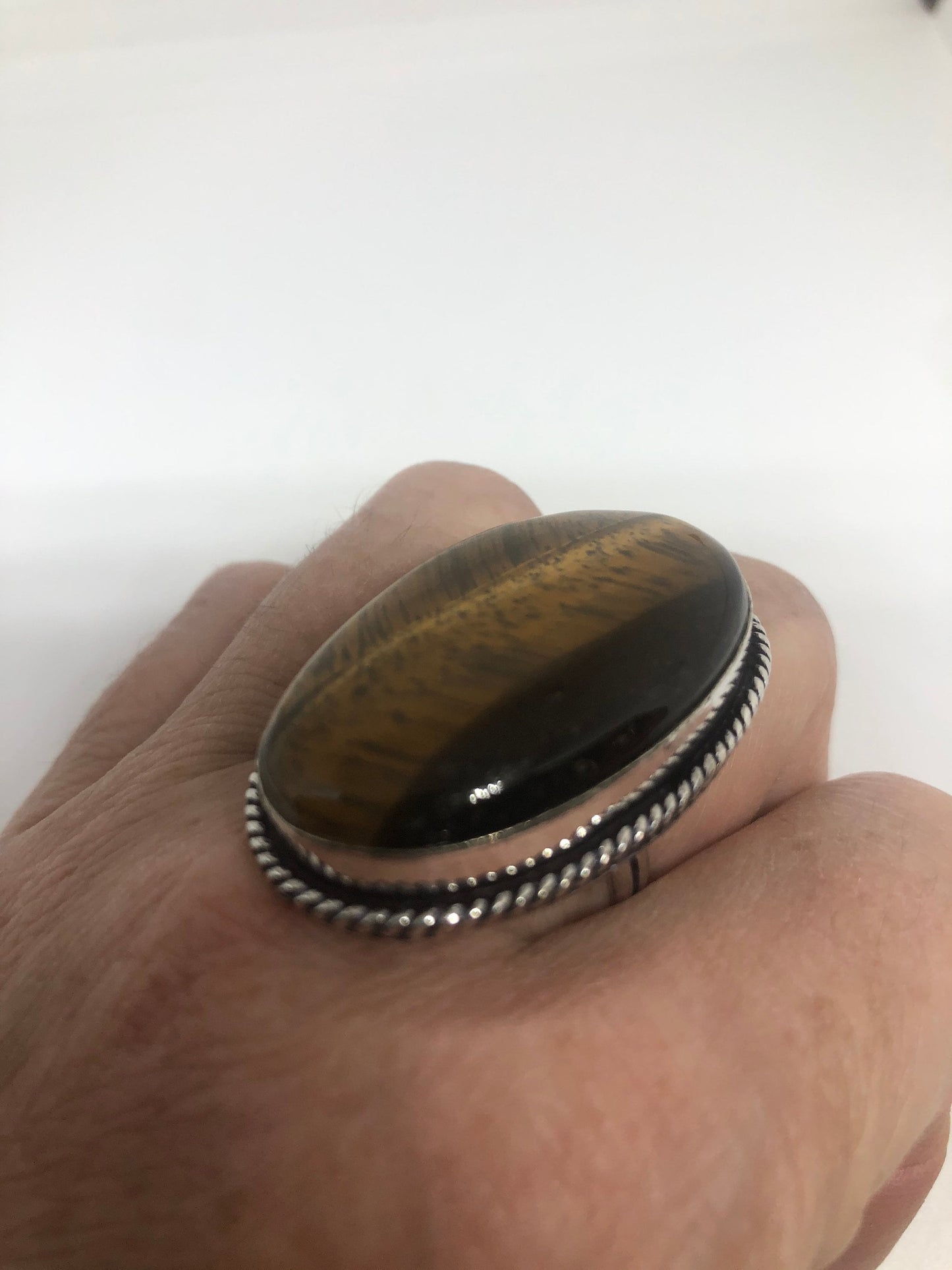 Vintage Tigers Eye Silver Cocktail Ring Size 7