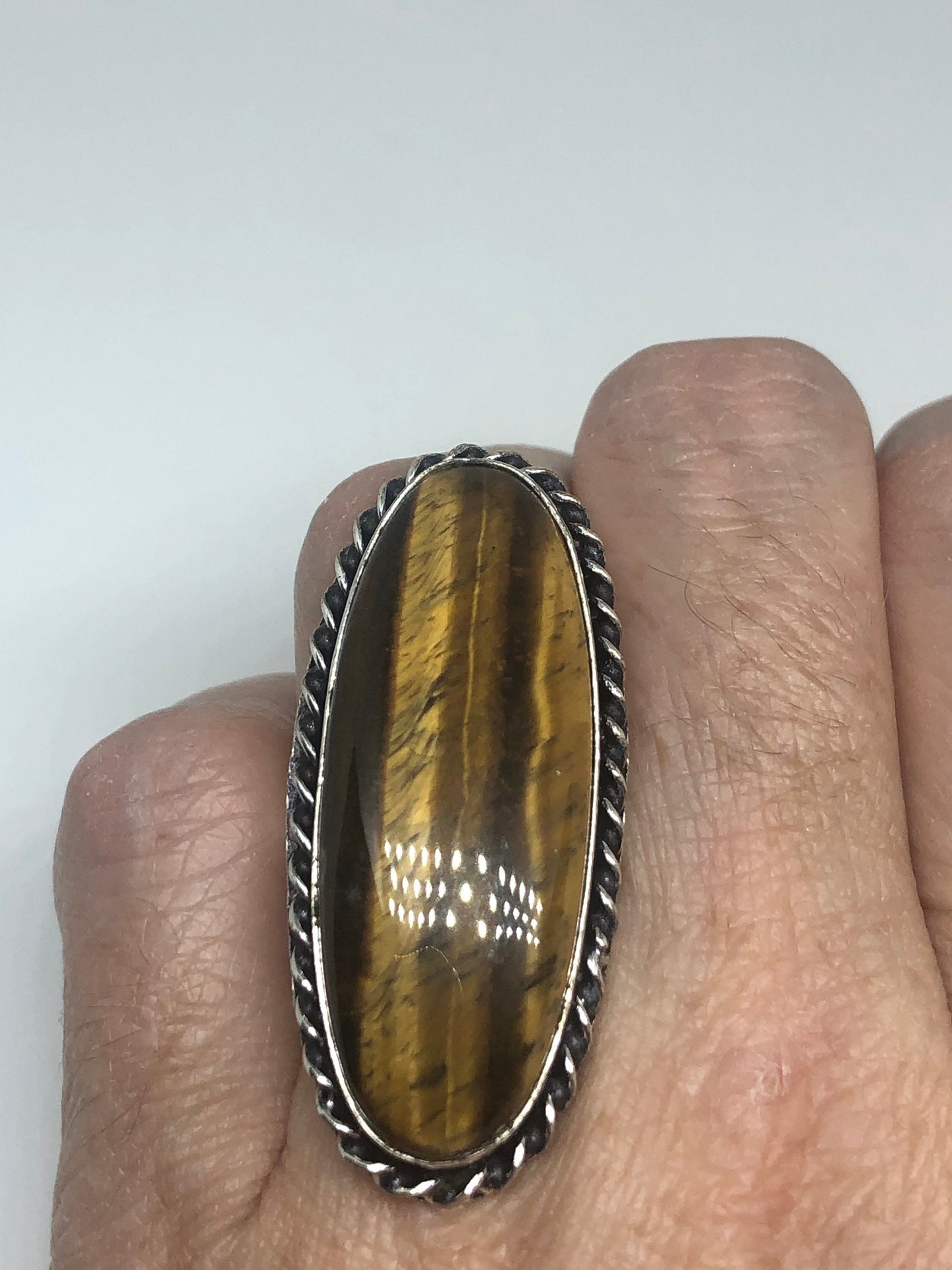 Vintage Tigers Eye Silver Cocktail Ring Size 7