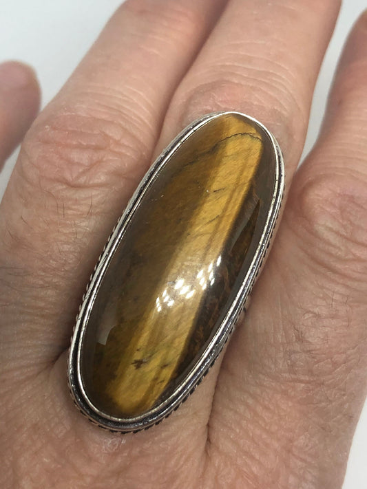 Vintage Tigers Eye Silver Cocktail Ring Size 7