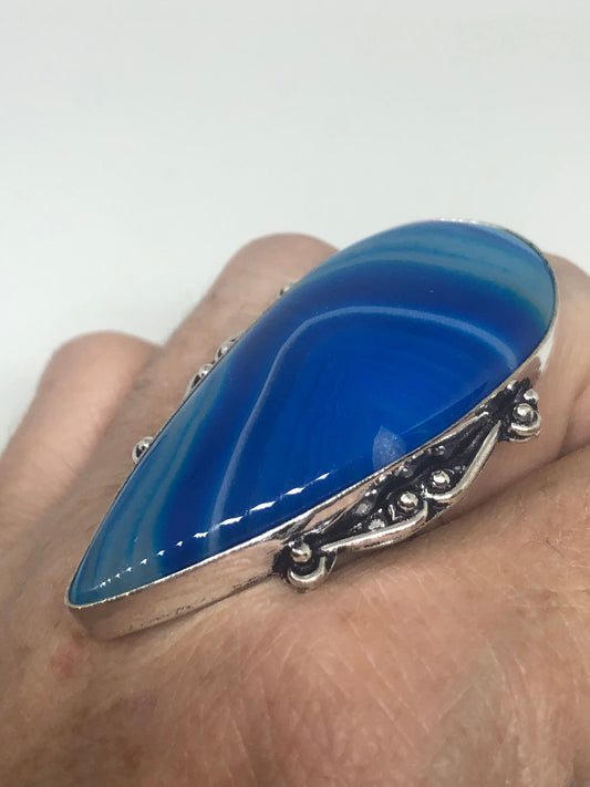 Vintage Blue Agate Silver Ring Size 8