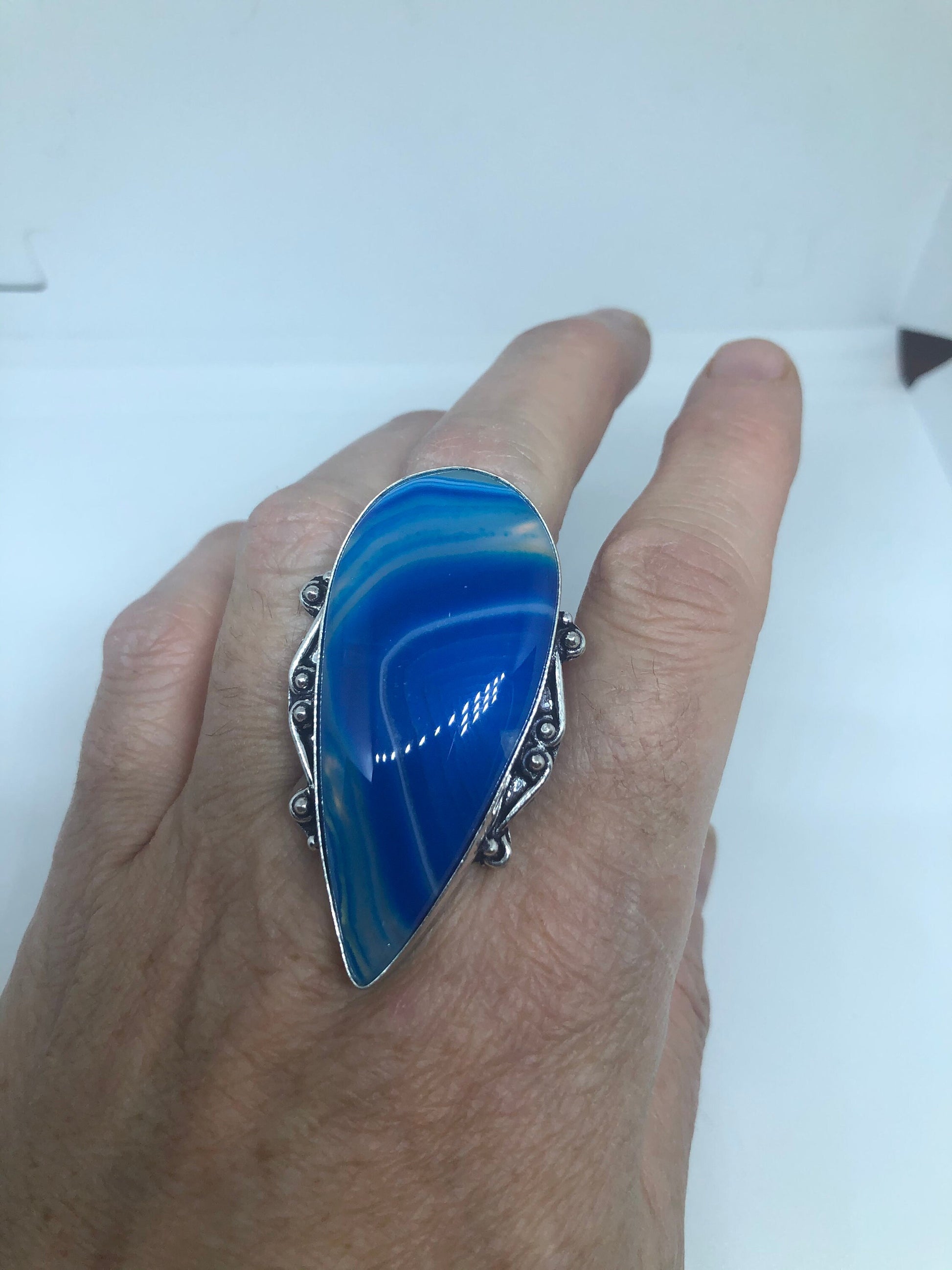 Vintage Blue Agate Silver Ring Size 8