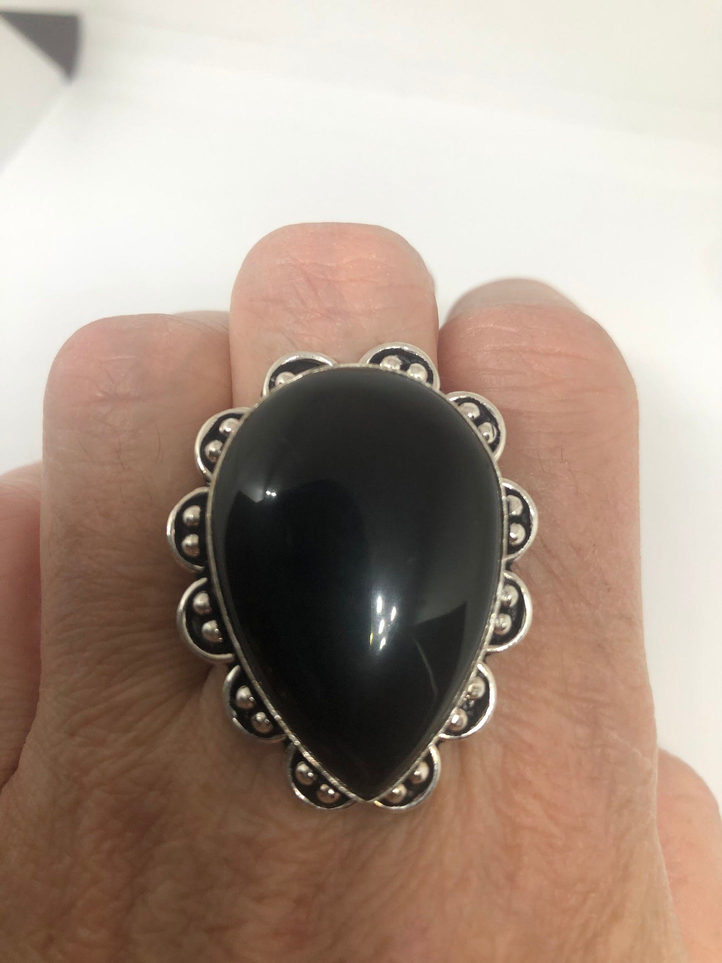 Vintage Genuine Black Onyx Silver Ring Size 8.5