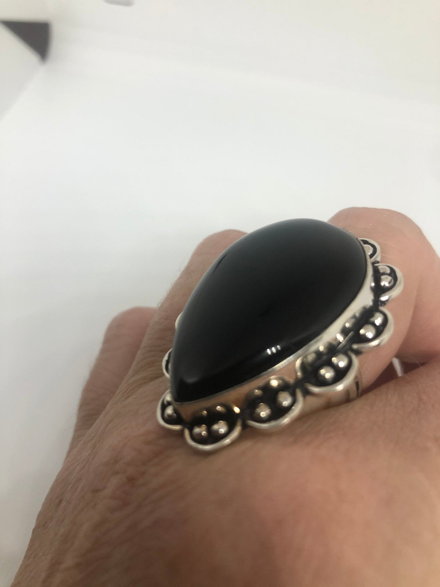 Vintage Genuine Black Onyx Silver Ring Size 8.5