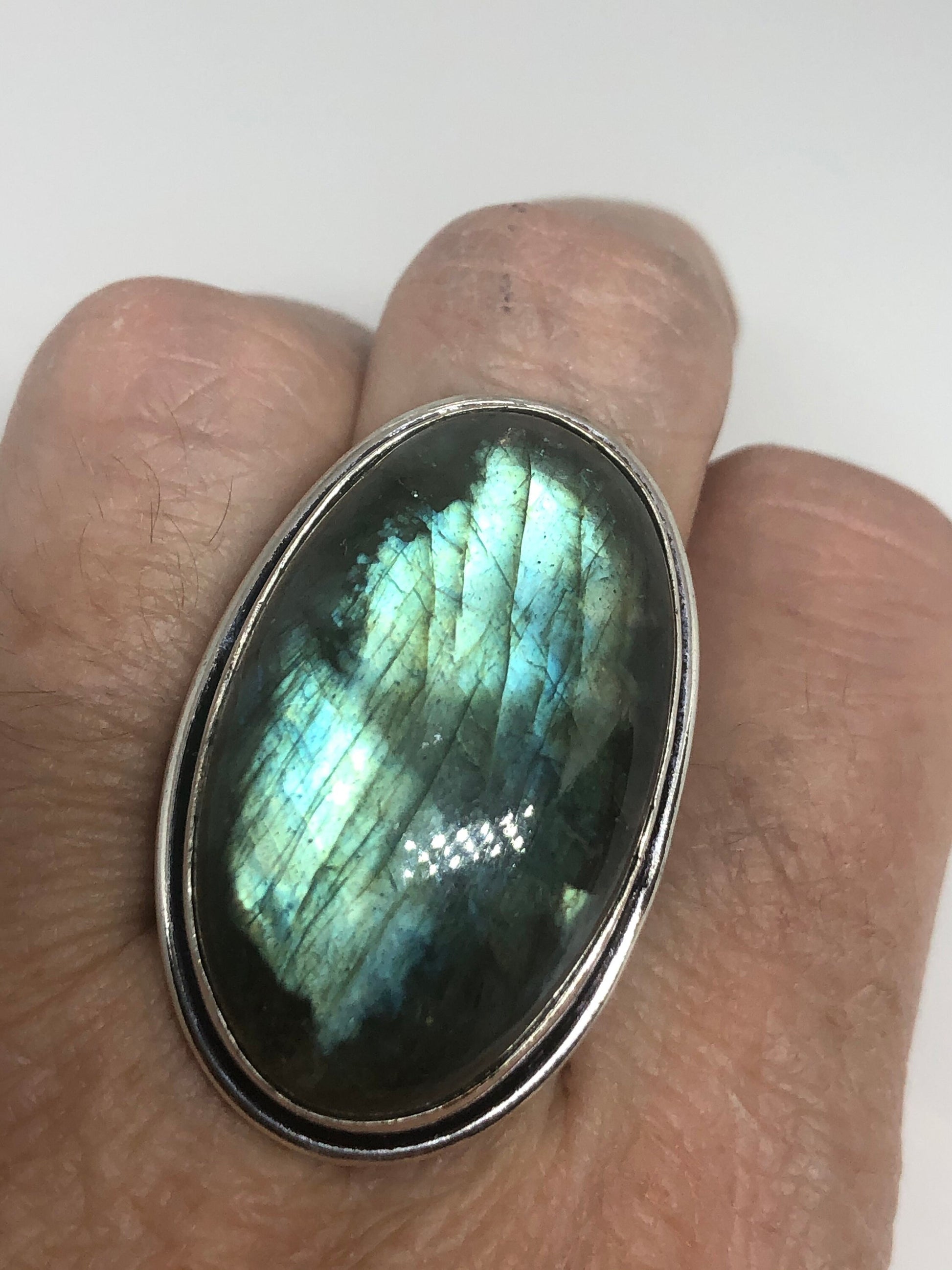 Vintage Blue Green Labradorite Stone Silver Ring Size 6.75