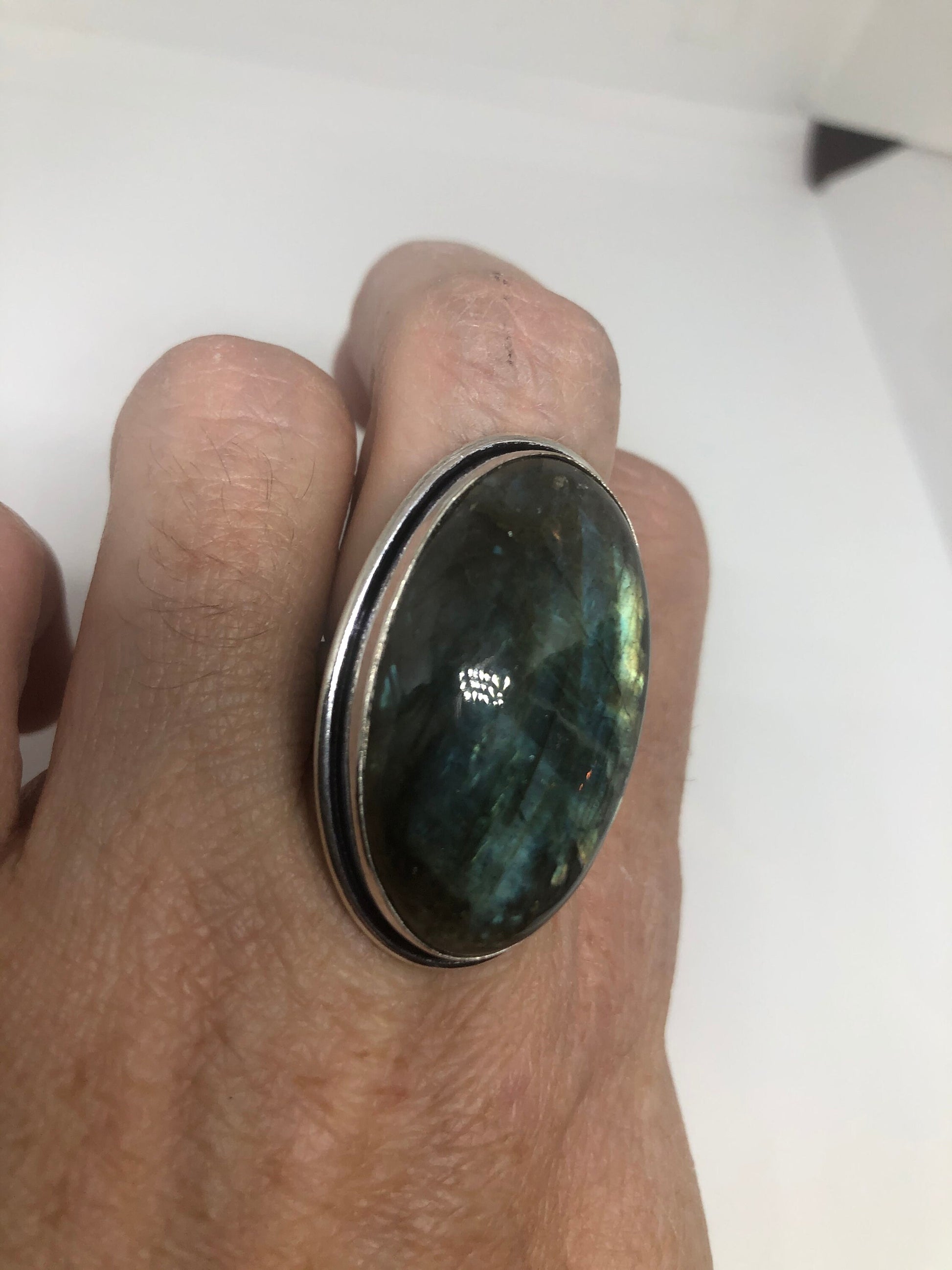 Vintage Blue Green Labradorite Stone Silver Ring Size 6.75