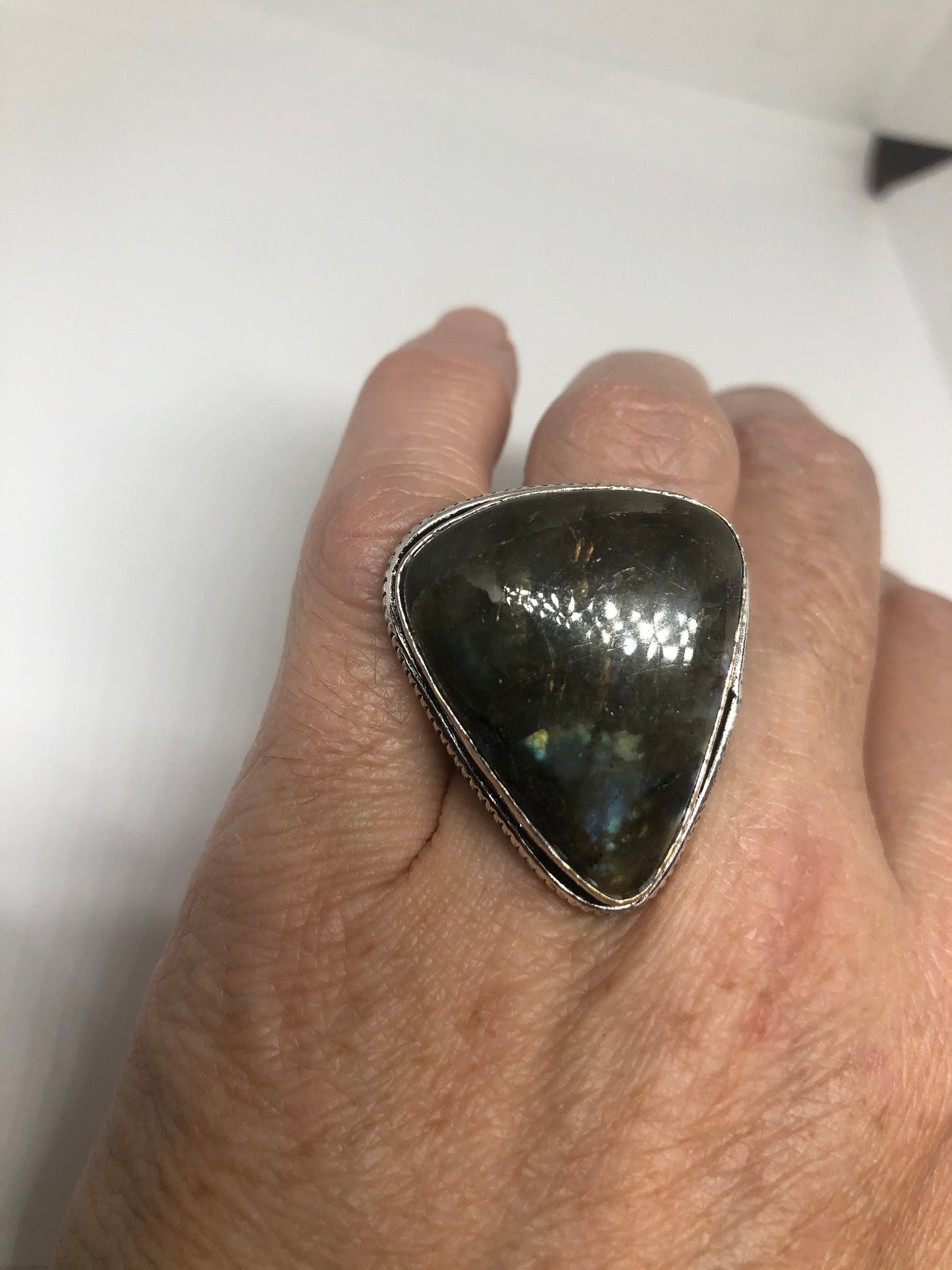 Vintage Blue Green Red Labradorite Stone Silver Ring Size 8