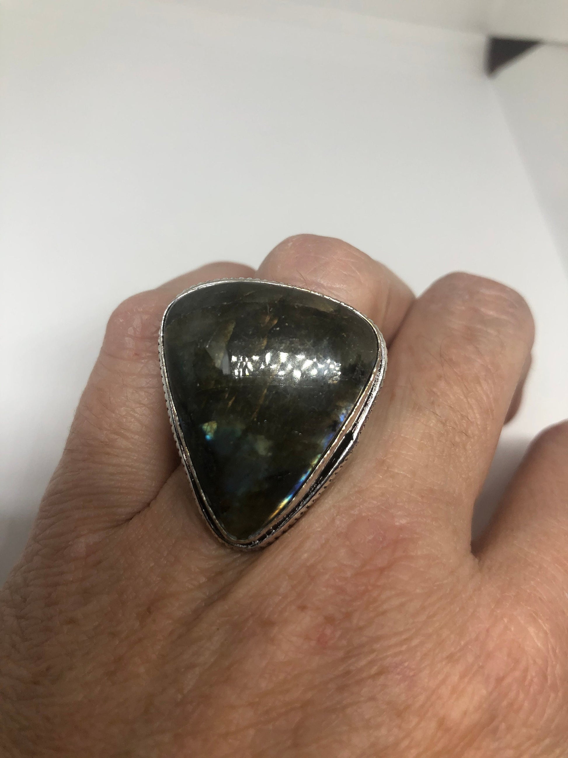 Vintage Blue Green Red Labradorite Stone Silver Ring Size 8