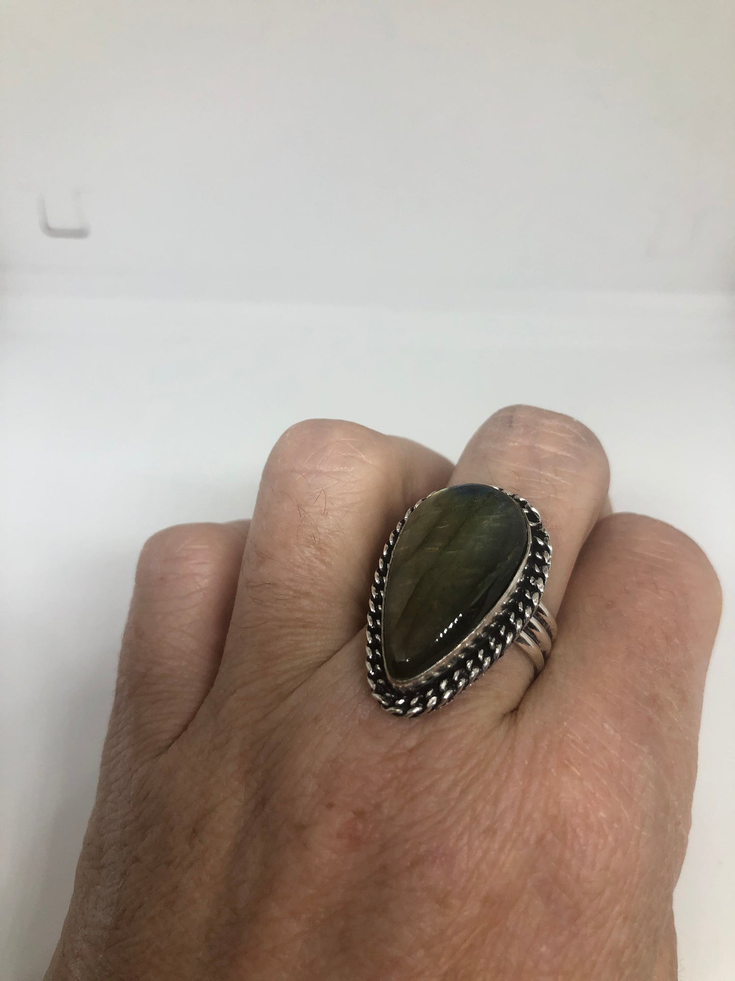 Vintage Blue Green Red Labradorite Stone Silver Ring Size 8.5