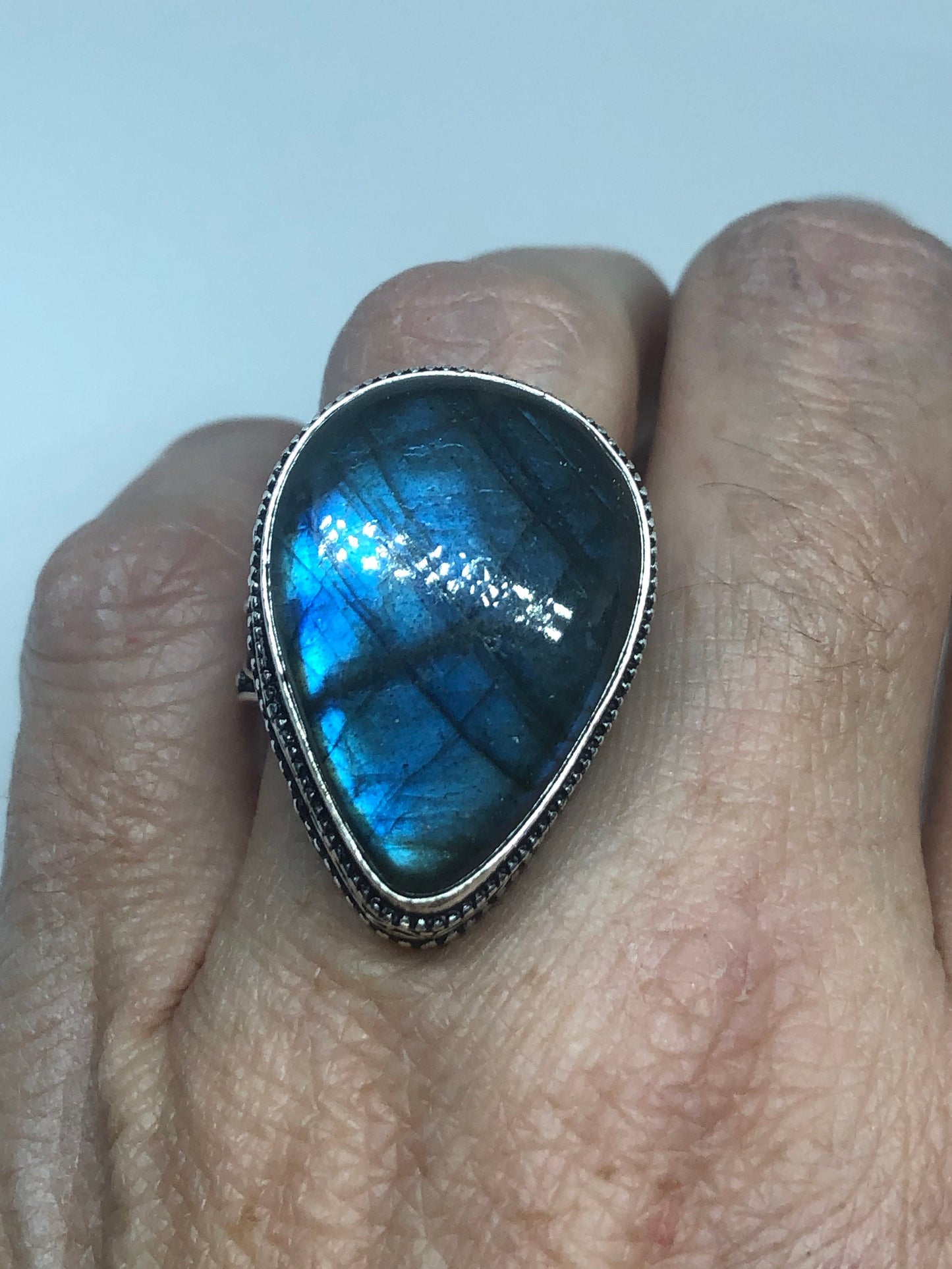 Vintage Blue Labradorite Stone Silver Ring Size 8.5