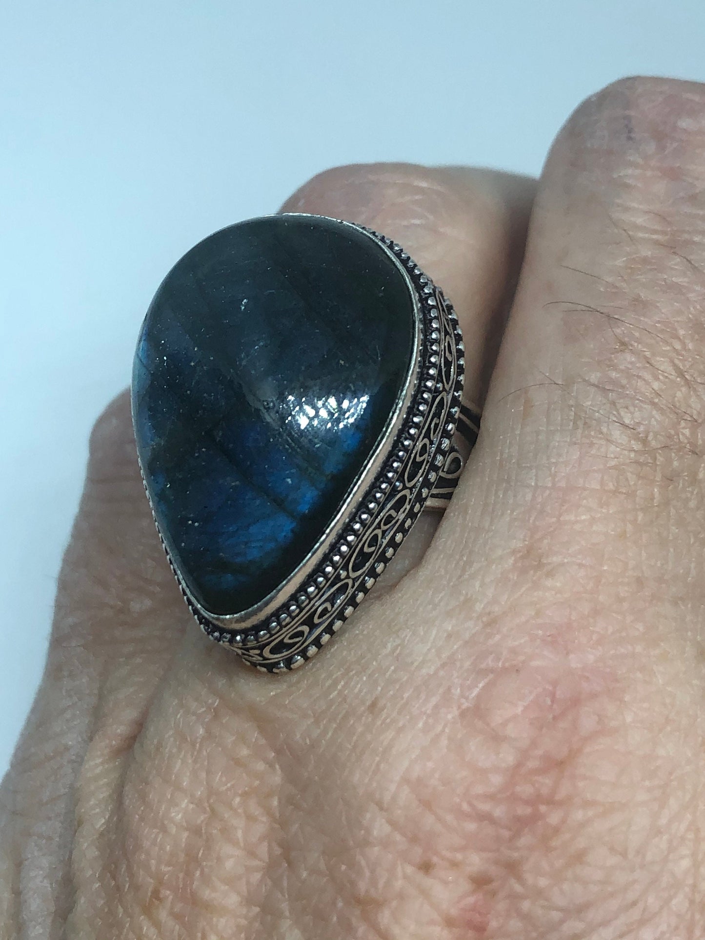 Vintage Blue Labradorite Stone Silver Ring Size 8.5