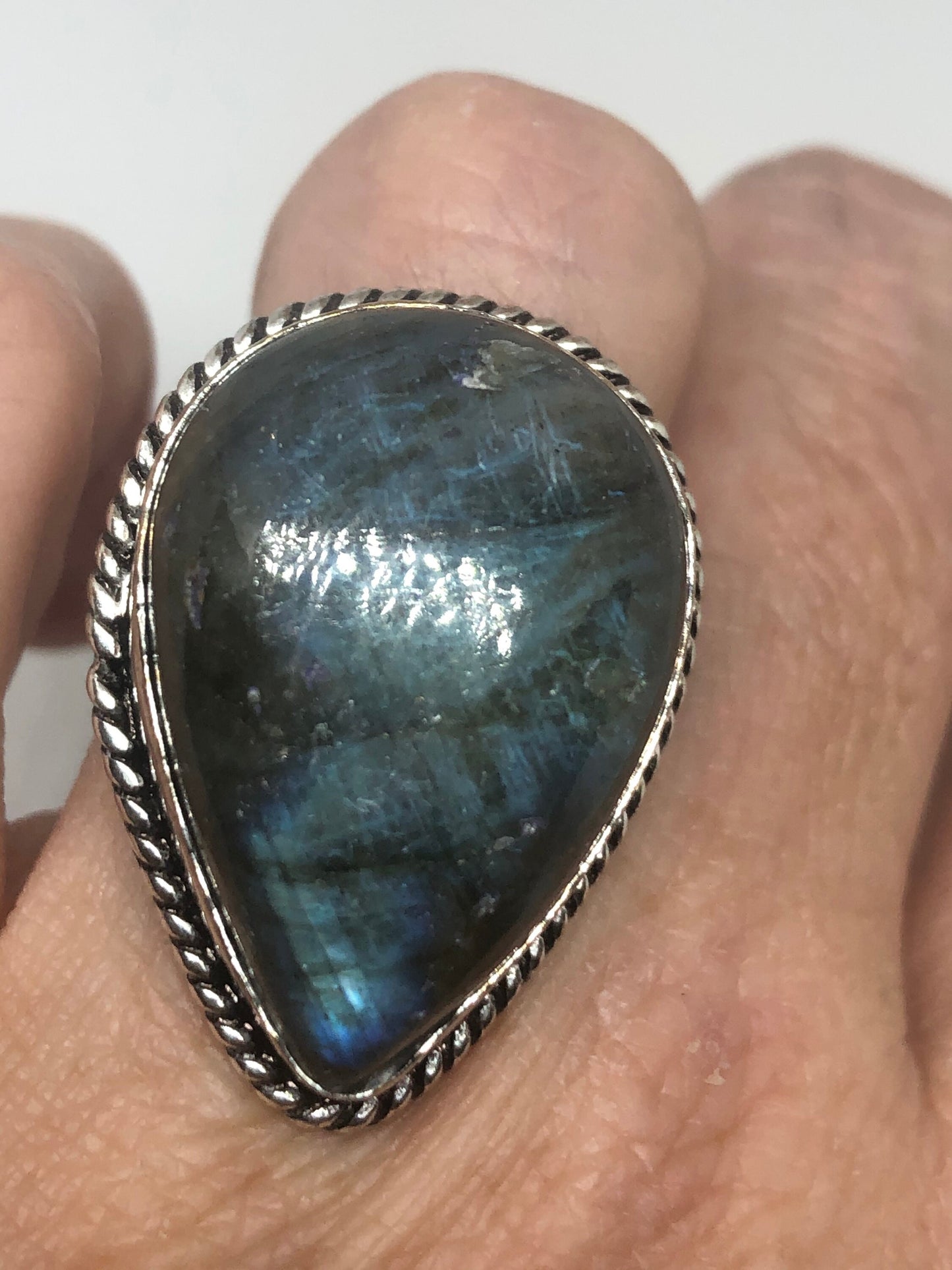 Vintage Blue Labradorite Stone Silver Ring Size 7.75