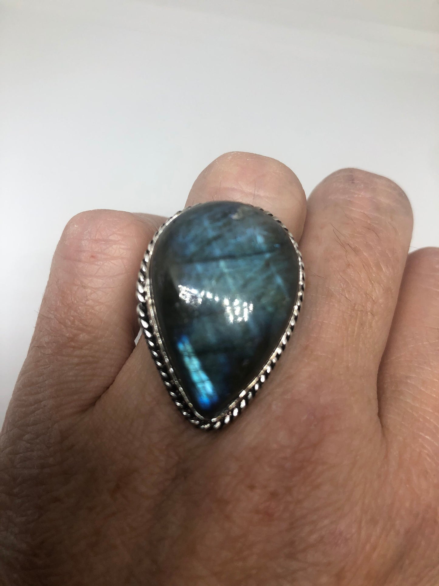 Vintage Blue Labradorite Stone Silver Ring Size 7.75