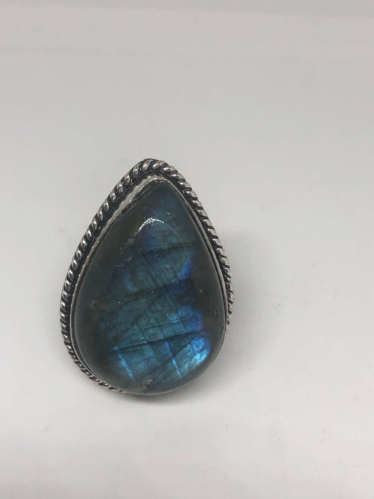 Vintage Blue Labradorite Stone Silver Ring Size 7.75