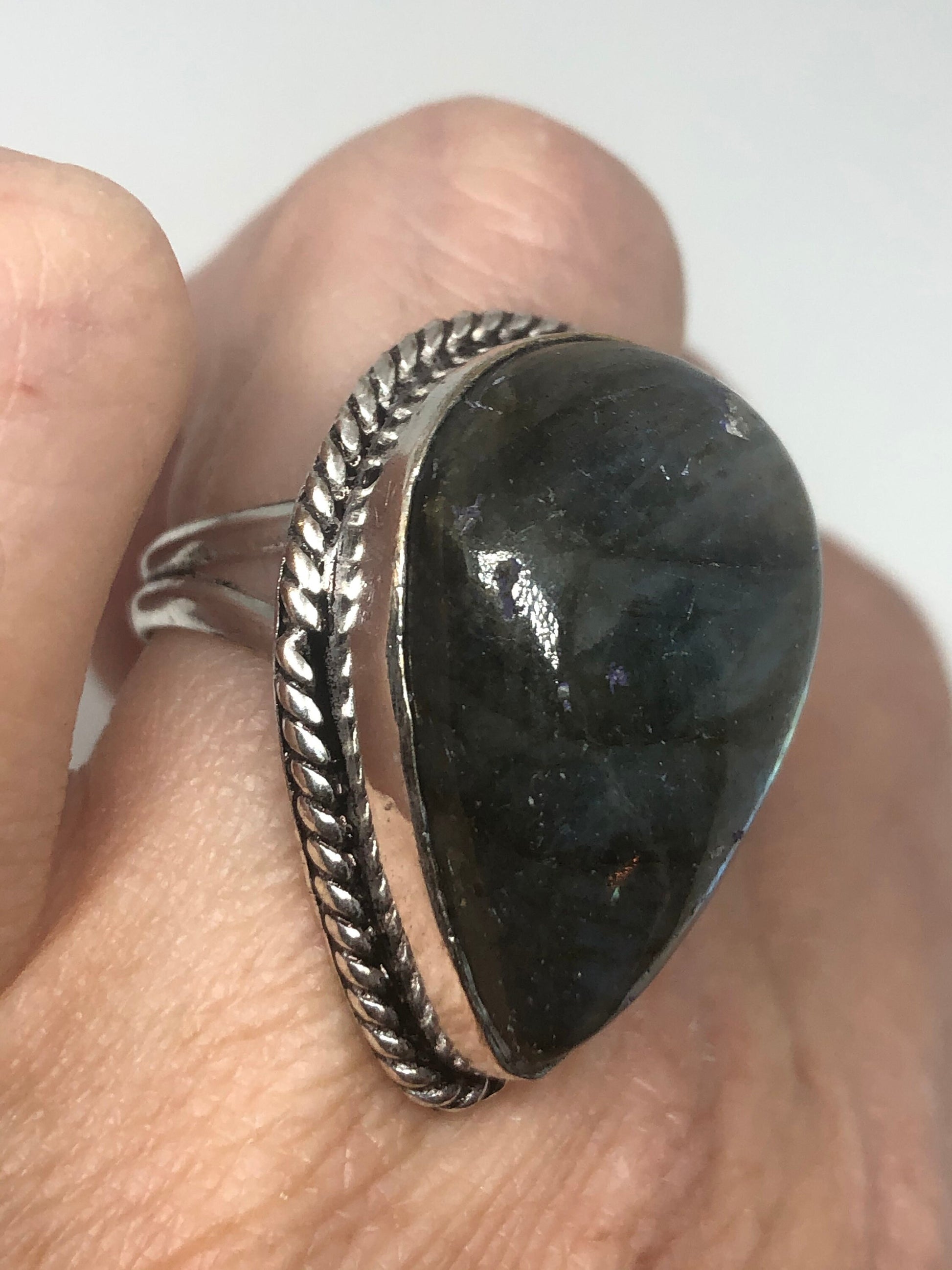 Vintage Blue Labradorite Stone Silver Ring Size 7.75