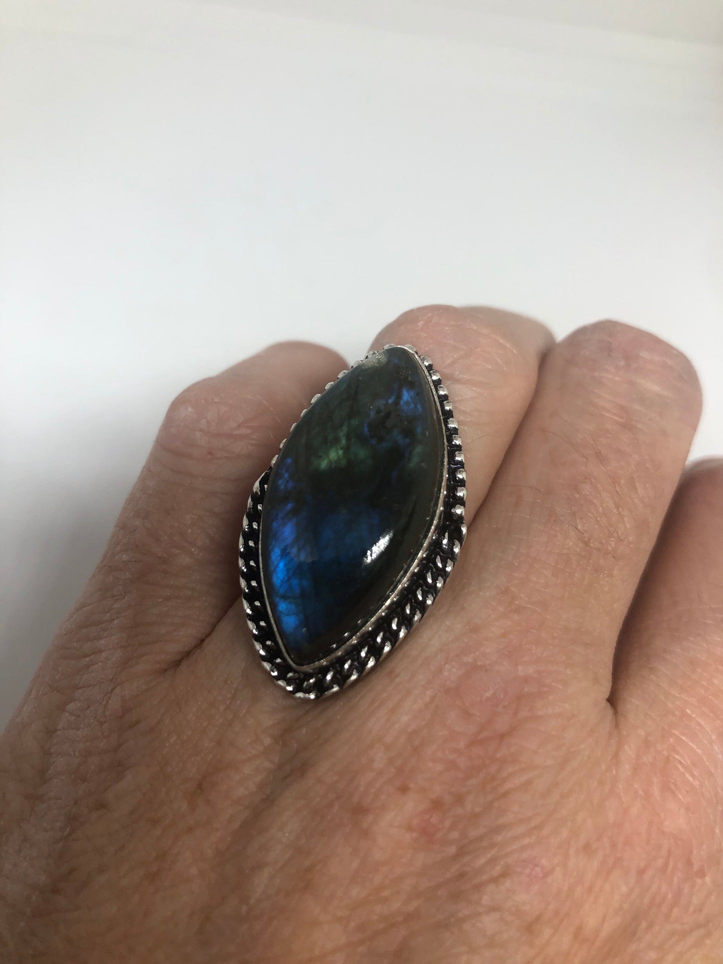 Vintage Blue Labradorite Stone Silver Ring Size 6.75