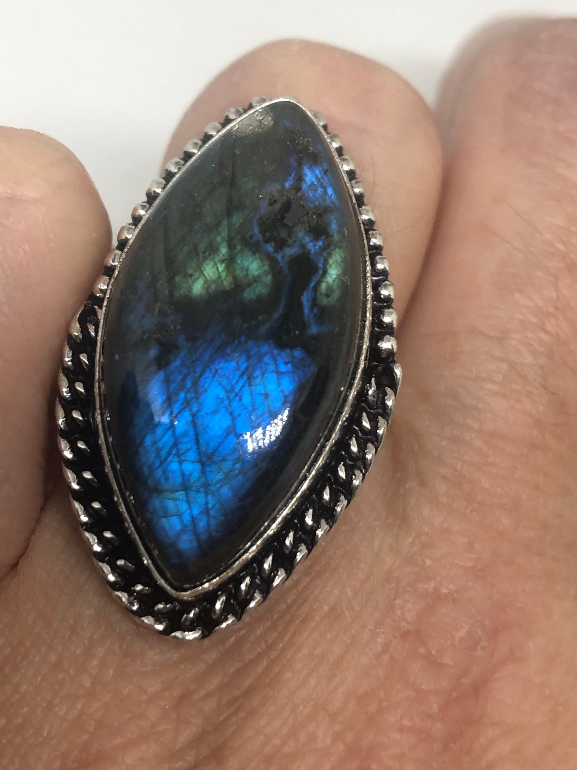 Vintage Blue Labradorite Stone Silver Ring Size 6.75