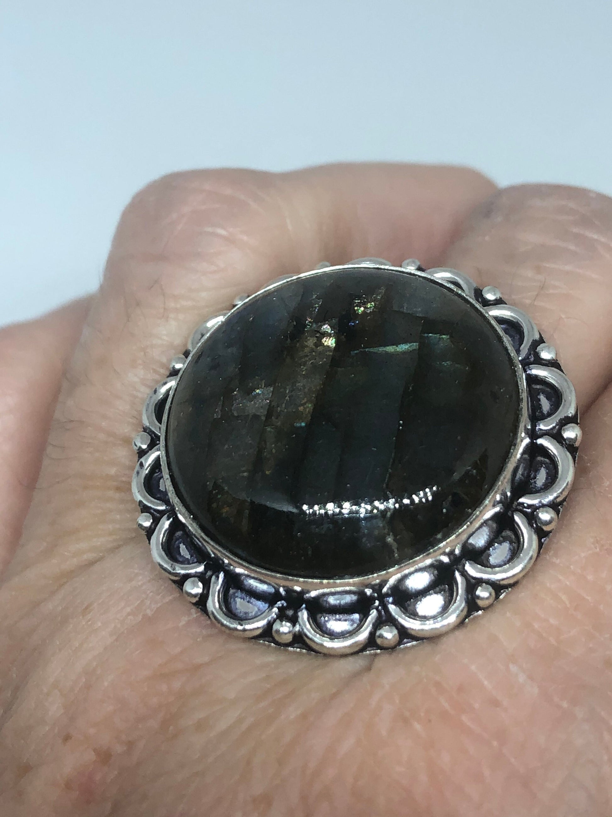 Vintage Blue Labradorite Stone Silver Ring Size 8.5