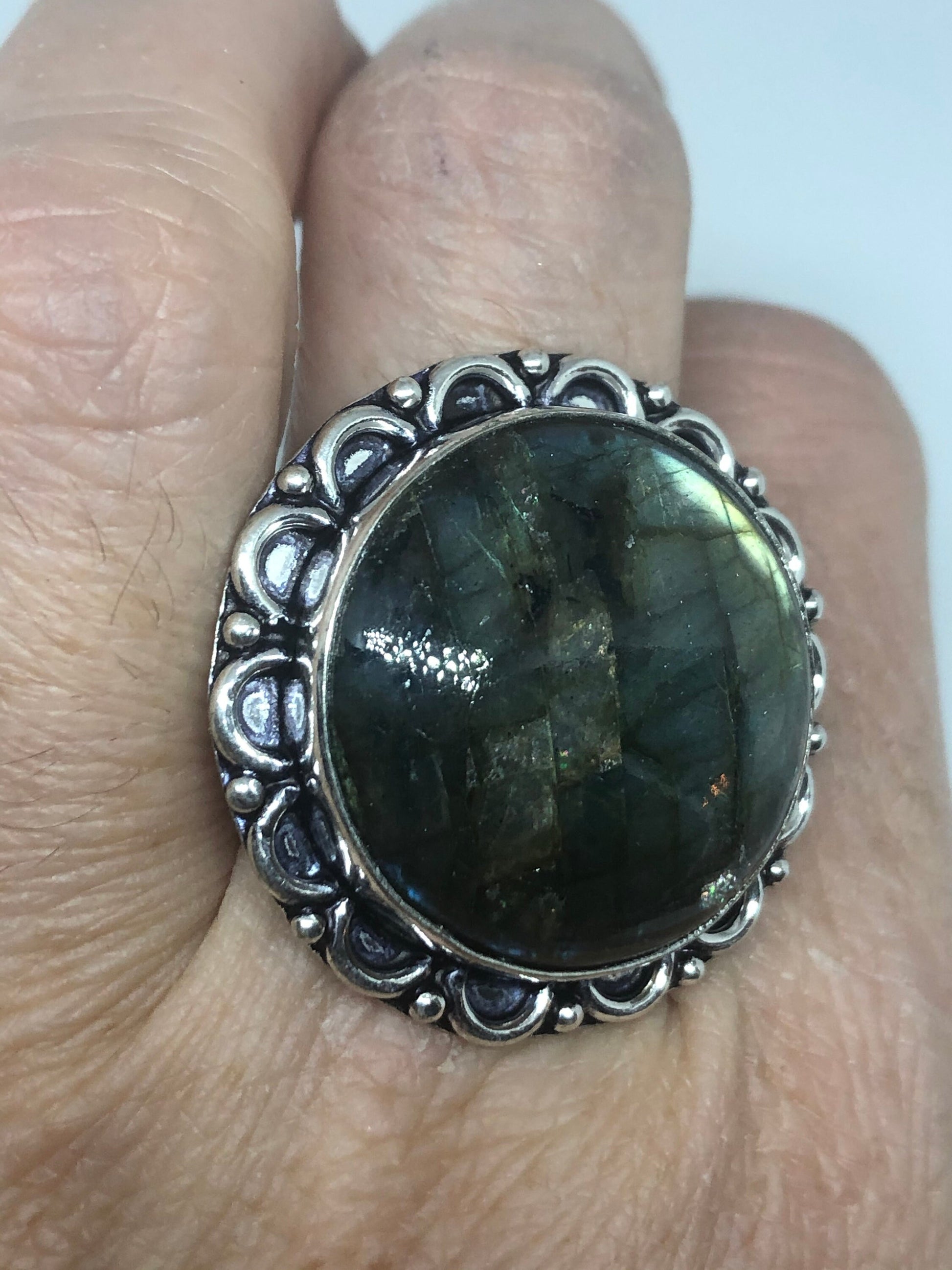 Vintage Blue Labradorite Stone Silver Ring Size 8.5