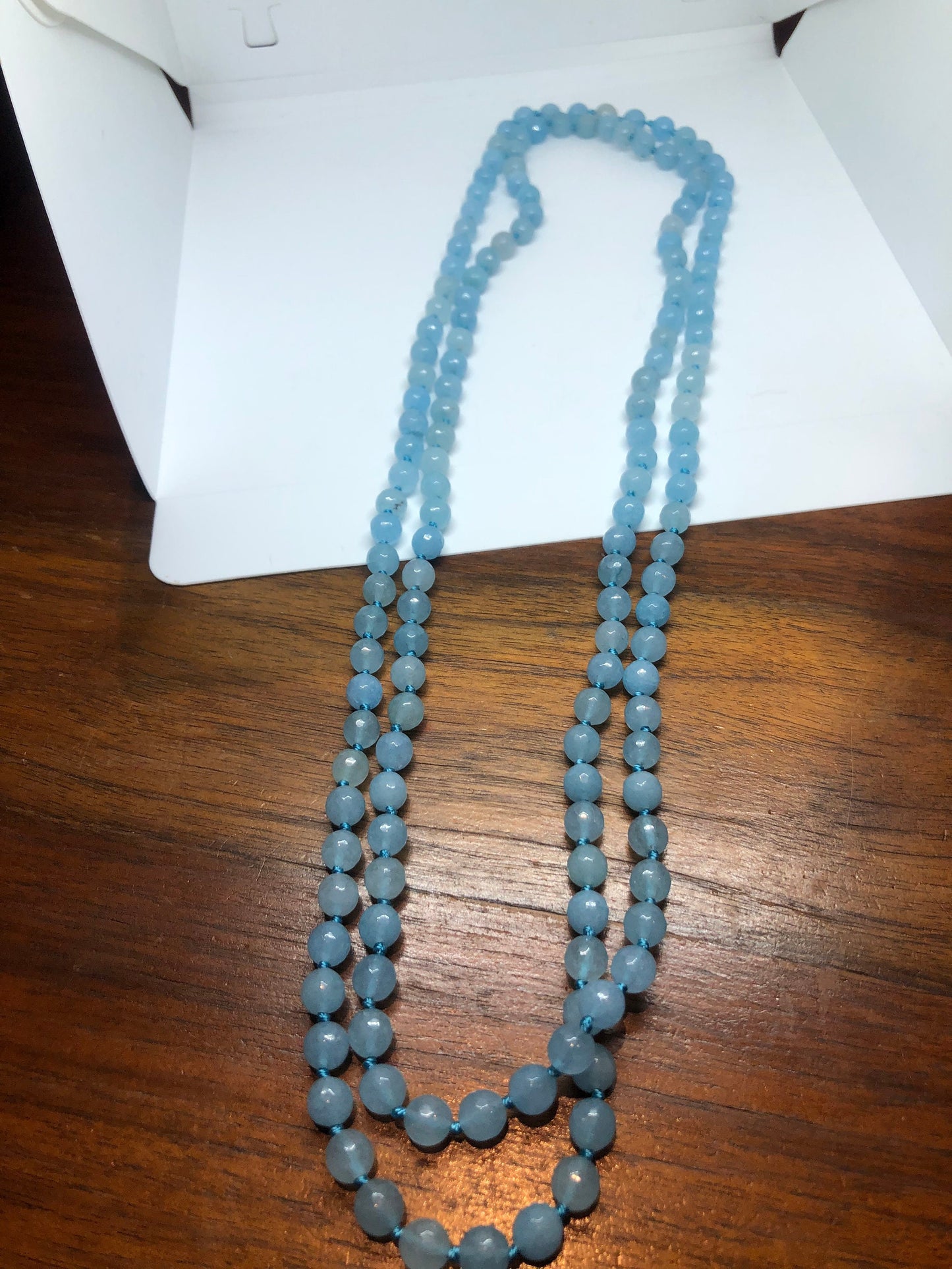 60 Inch Hand Knoted Vintage Blue chalcedony beaded Necklace